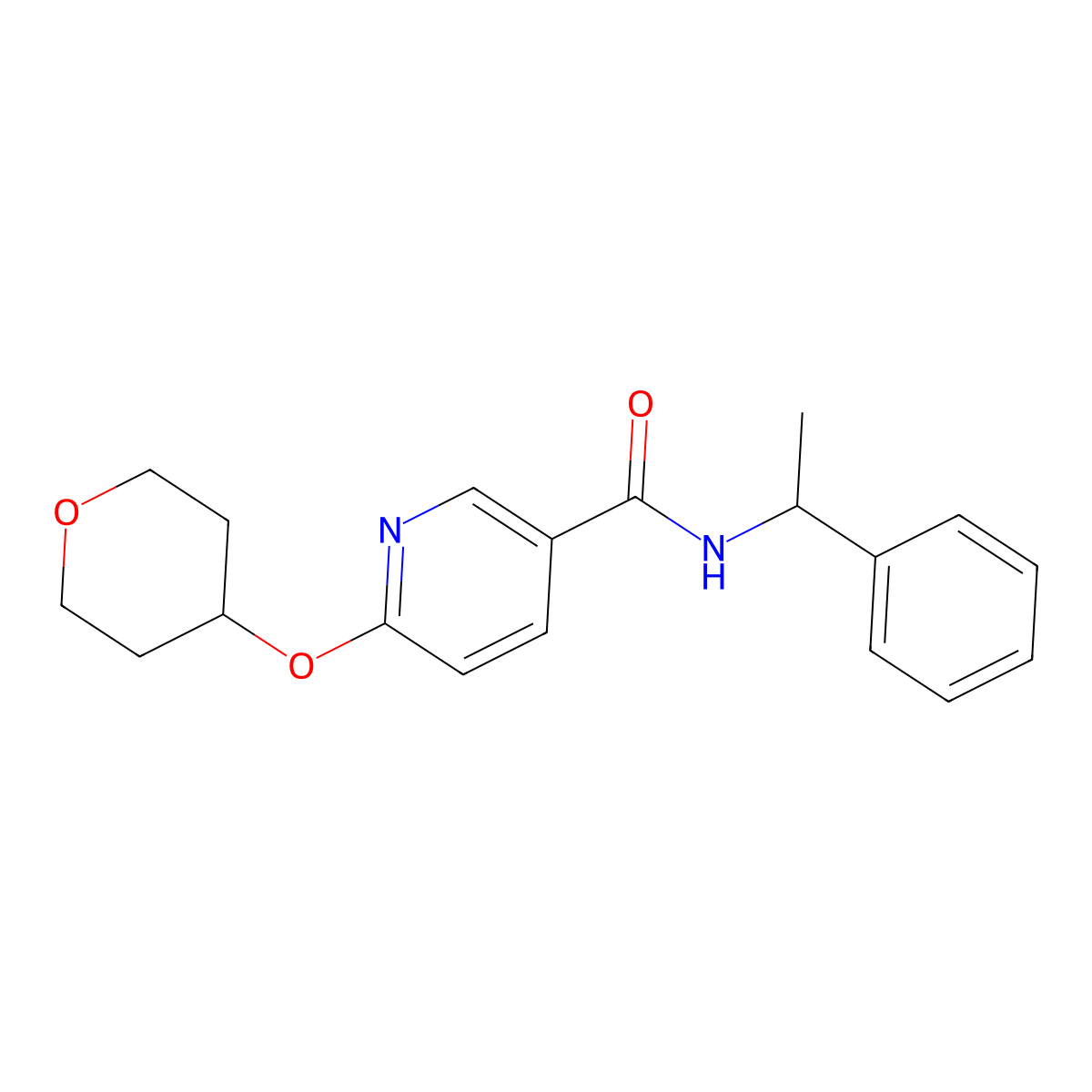 N-(1-phenylethyl)-6-((tetrahydro-2H-pyran-4-yl)oxy)nicotinamide molecular structure, CAS 2034390-84-4