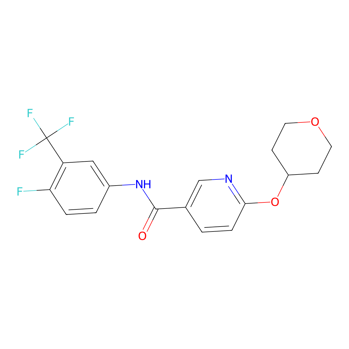 N-(4-fluoro-3-(trifluoromethyl)phenyl)-6-((tetrahydro-2H-pyran-4-yl)oxy)nicotinamide molecular structure, CAS 2034391-01-8
