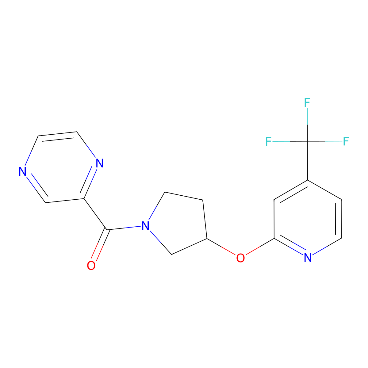 Pyrazin-2-yl(3-((4-(trifluoromethyl)pyridin-2-yl)oxy)pyrrolidin-1-yl)methanone molecular structure, CAS 2034391-61-0