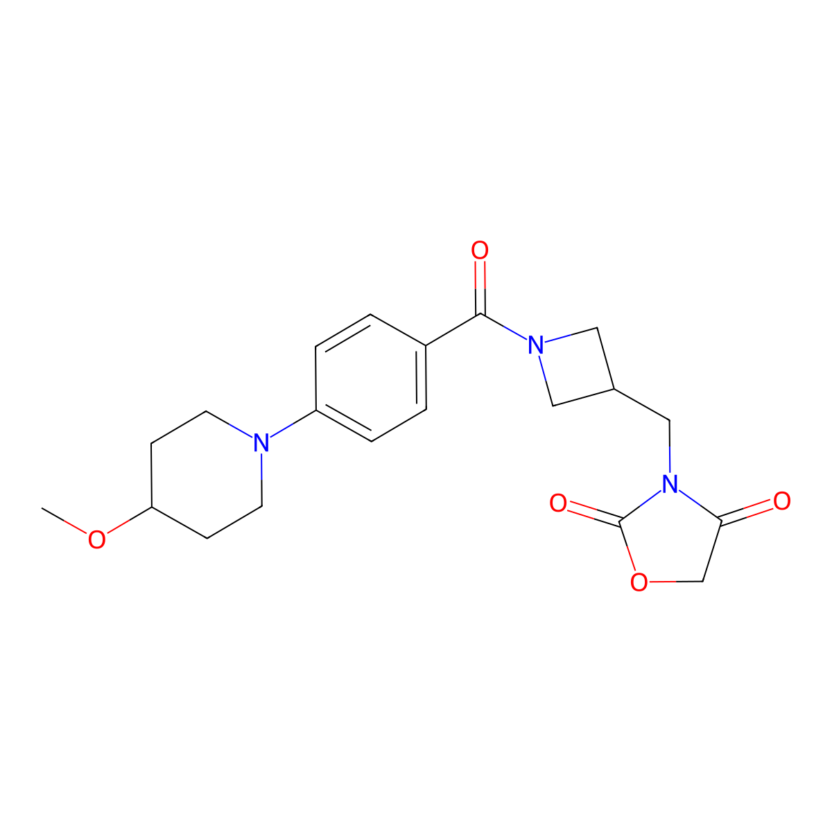 3-((1-(4-(4-Methoxypiperidin-1-yl)benzoyl)azetidin-3-yl)methyl)oxazolidine-2,4-dione molecular structure, CAS 2034391-95-0