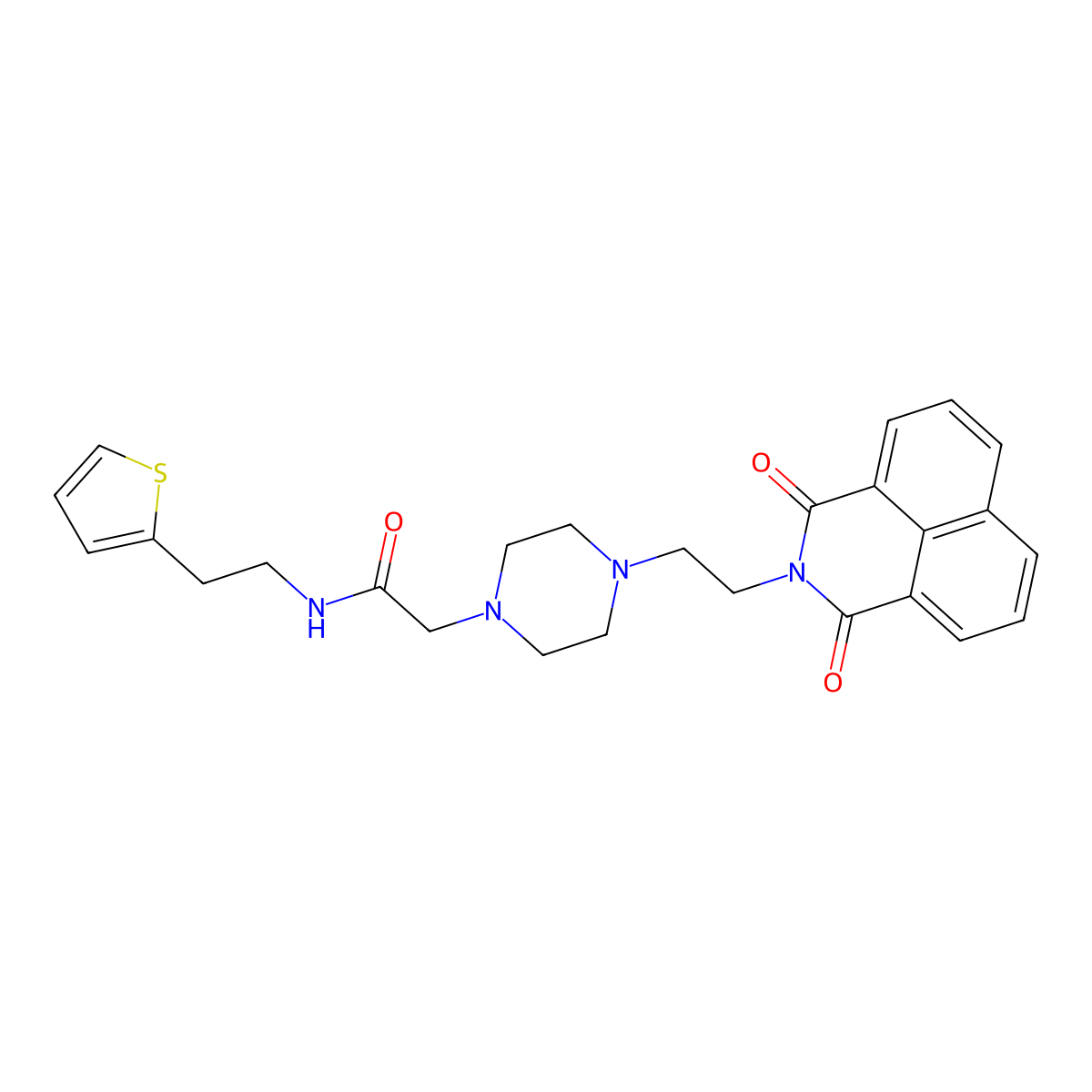 2-(4-(2-(1,3-dioxo-1H-benzo[de]isoquinolin-2(3H)-yl)ethyl)piperazin-1-yl)-N-(2-(thiophen-2-yl)ethyl)acetamide molecular structure, CAS 2034392-02-2