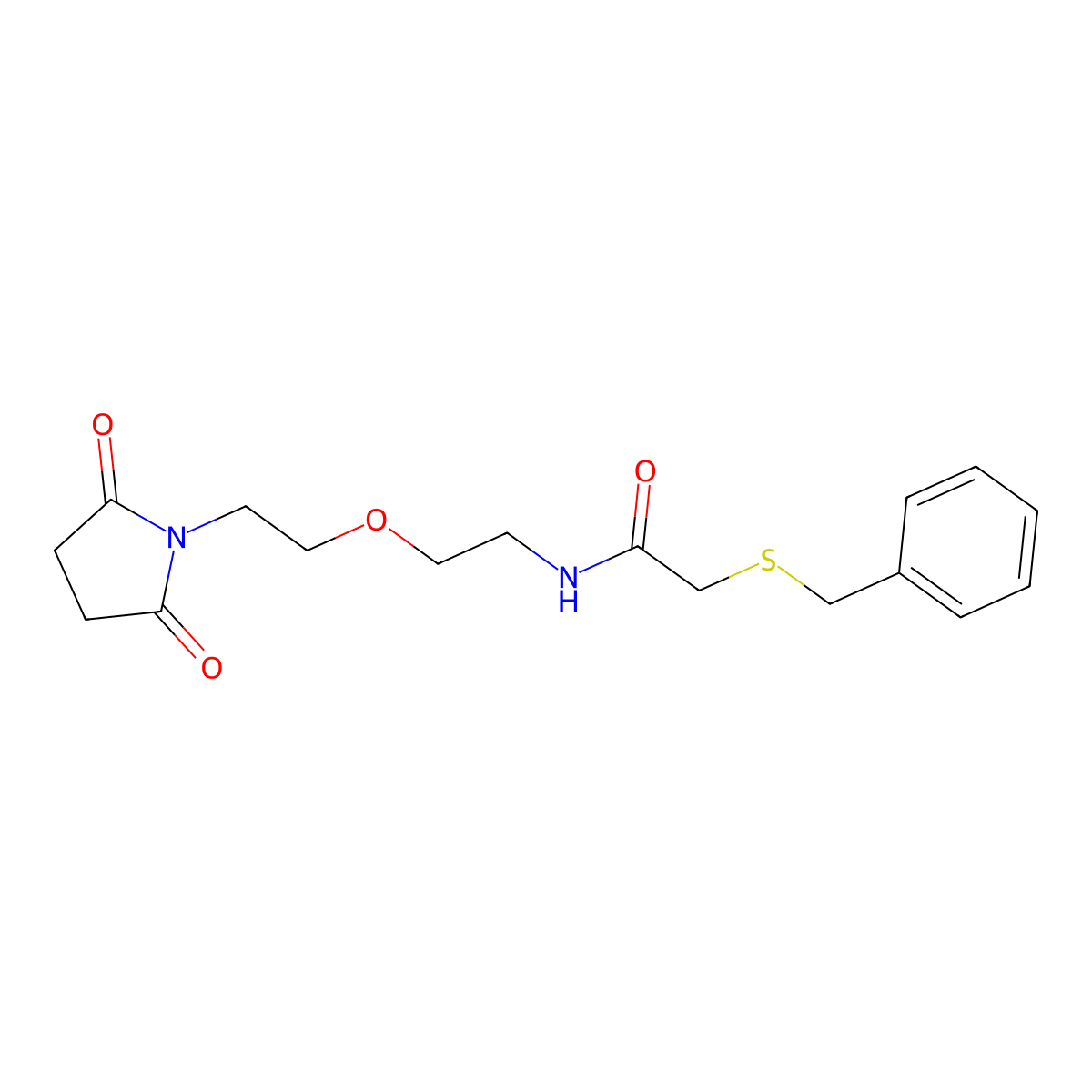 2-(benzylthio)-N-(2-(2-(2,5-dioxopyrrolidin-1-yl)ethoxy)ethyl)acetamide molecular structure, CAS 2034392-05-5