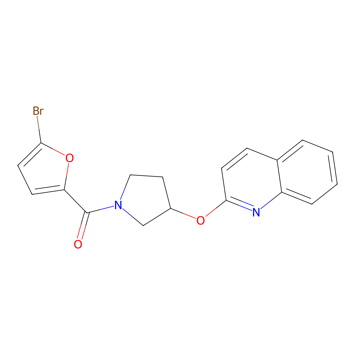 (5-Bromofuran-2-yl)(3-(quinolin-2-yloxy)pyrrolidin-1-yl)methanone molecular structure, CAS 2034392-06-6