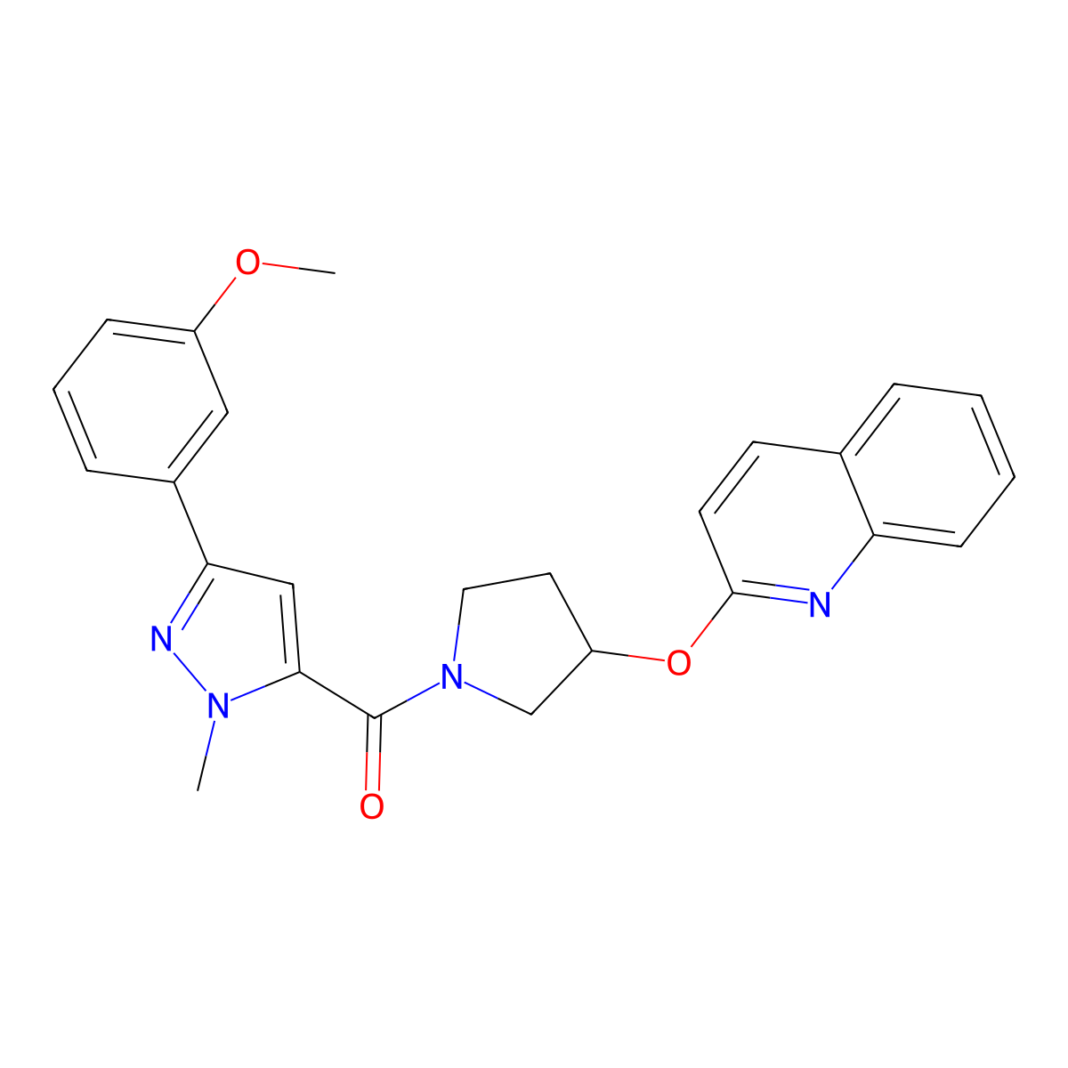 (3-(3-methoxyphenyl)-1-methyl-1H-pyrazol-5-yl)(3-(quinolin-2-yloxy)pyrrolidin-1-yl)methanone molecular structure, CAS 2034392-20-4