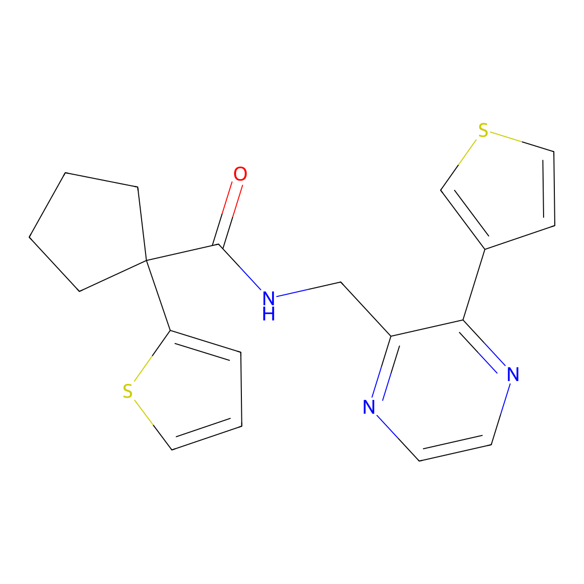 1-(thiophen-2-yl)-N-((3-(thiophen-3-yl)pyrazin-2-yl)methyl)cyclopentanecarboxamide molecular structure, CAS 2034392-28-2