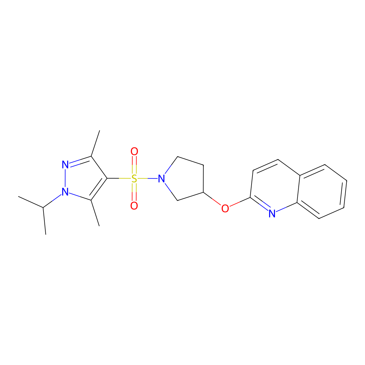 2-((1-((1-isopropyl-3,5-dimethyl-1H-pyrazol-4-yl)sulfonyl)pyrrolidin-3-yl)oxy)quinoline molecular structure, CAS 2034392-39-5