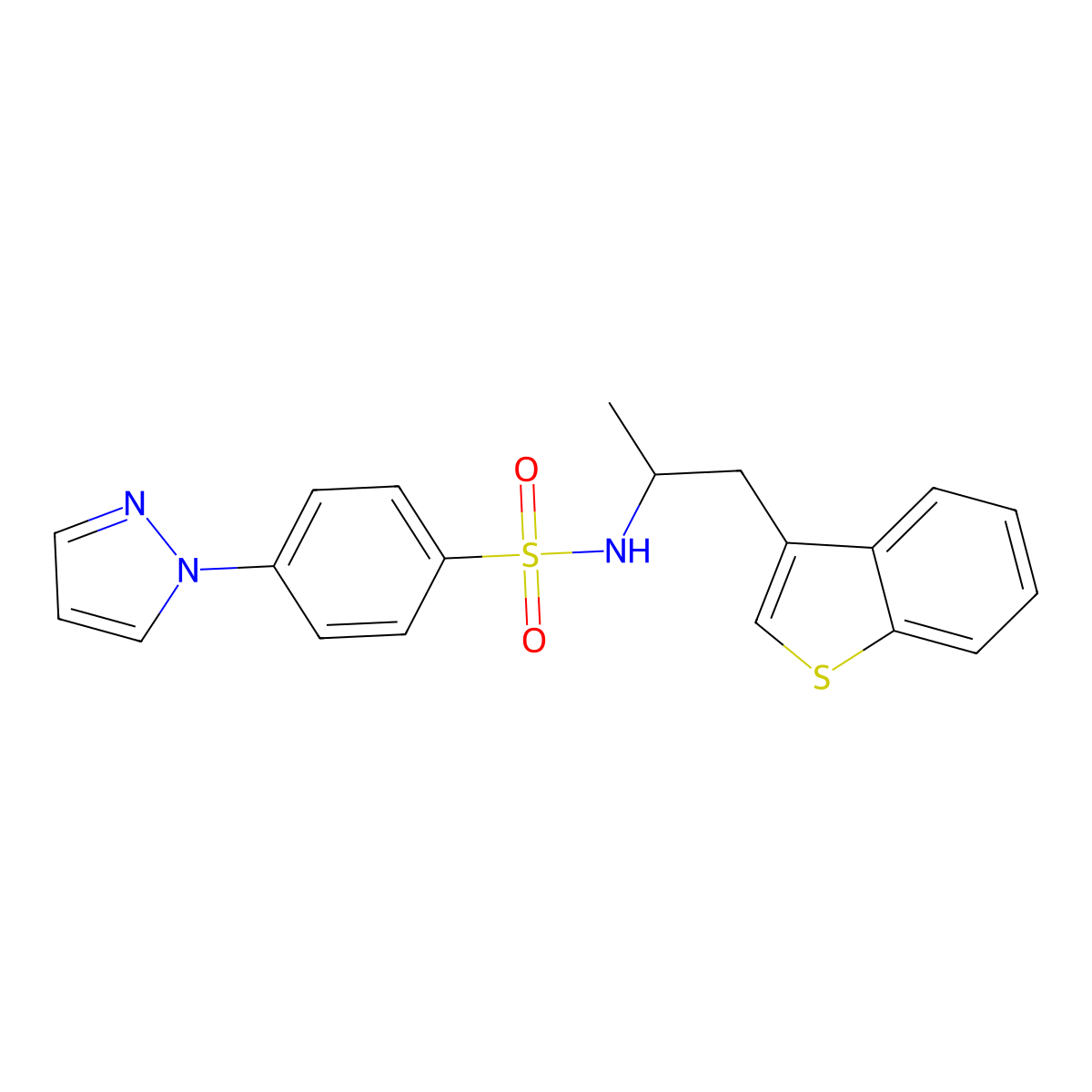 N-(1-(benzo[b]thiophen-3-yl)propan-2-yl)-4-(1H-pyrazol-1-yl)benzenesulfonamide molecular structure, CAS 2034392-69-1