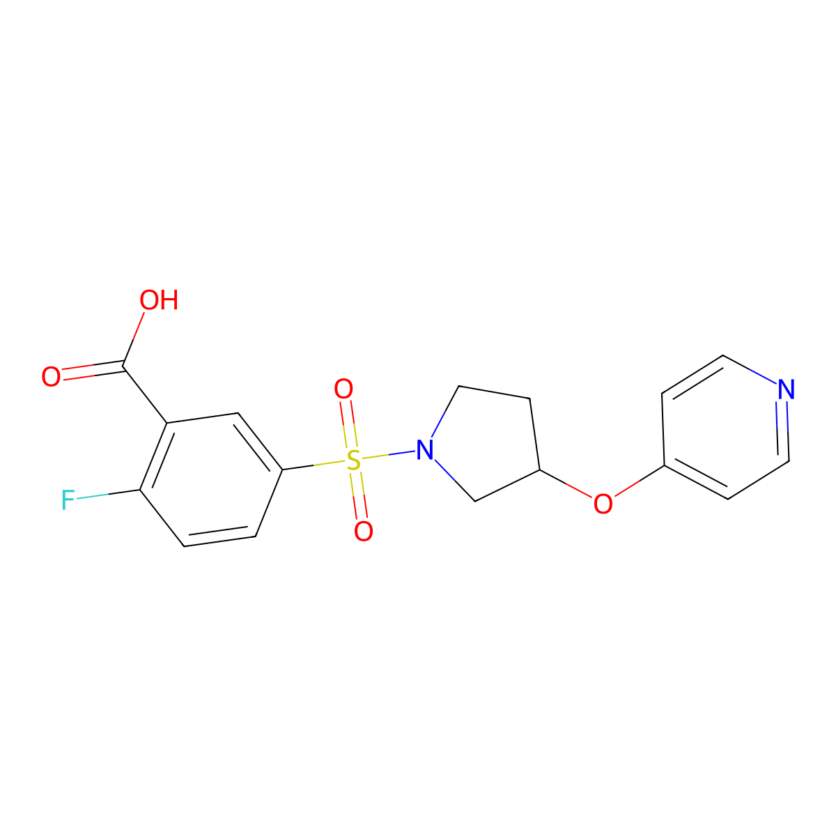 2-Fluoro-5-((3-(pyridin-4-yloxy)pyrrolidin-1-yl)sulfonyl)benzoic acid molecular structure, CAS 2034392-71-5