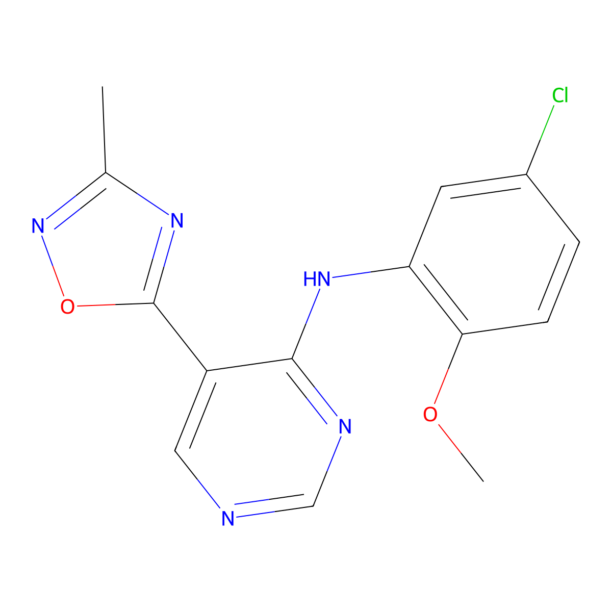 N-(5-chloro-2-methoxyphenyl)-5-(3-methyl-1,2,4-oxadiazol-5-yl)pyrimidin-4-amine molecular structure, CAS 2034392-79-3