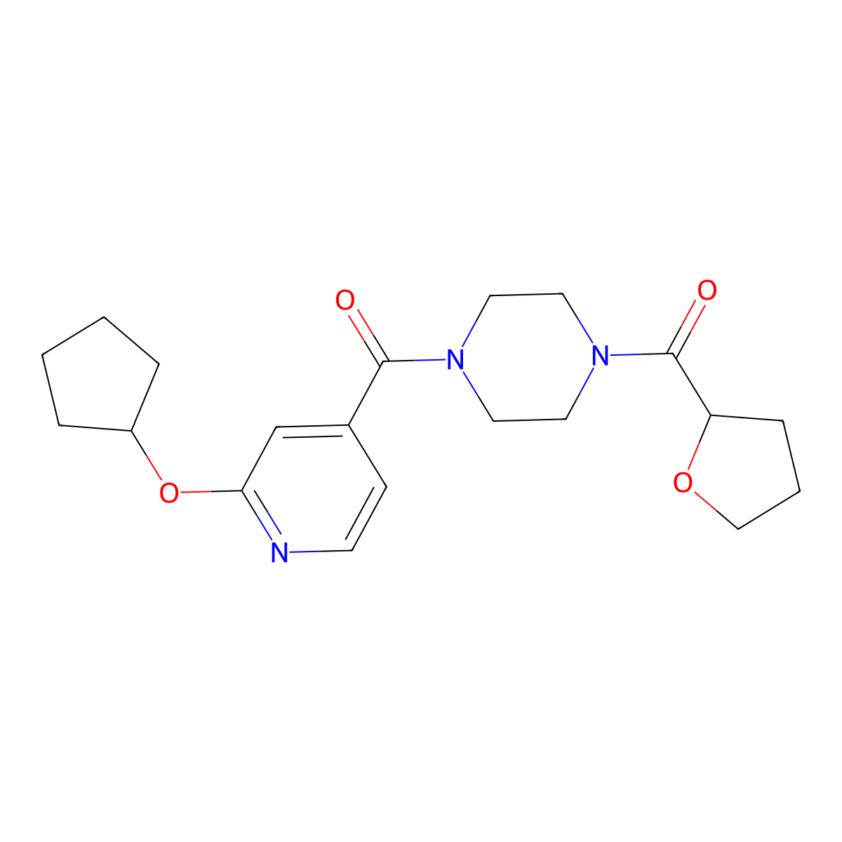 (4-(2-(Cyclopentyloxy)isonicotinoyl)piperazin-1-yl)(tetrahydrofuran-2-yl)methanone molecular structure, CAS 2034392-89-5