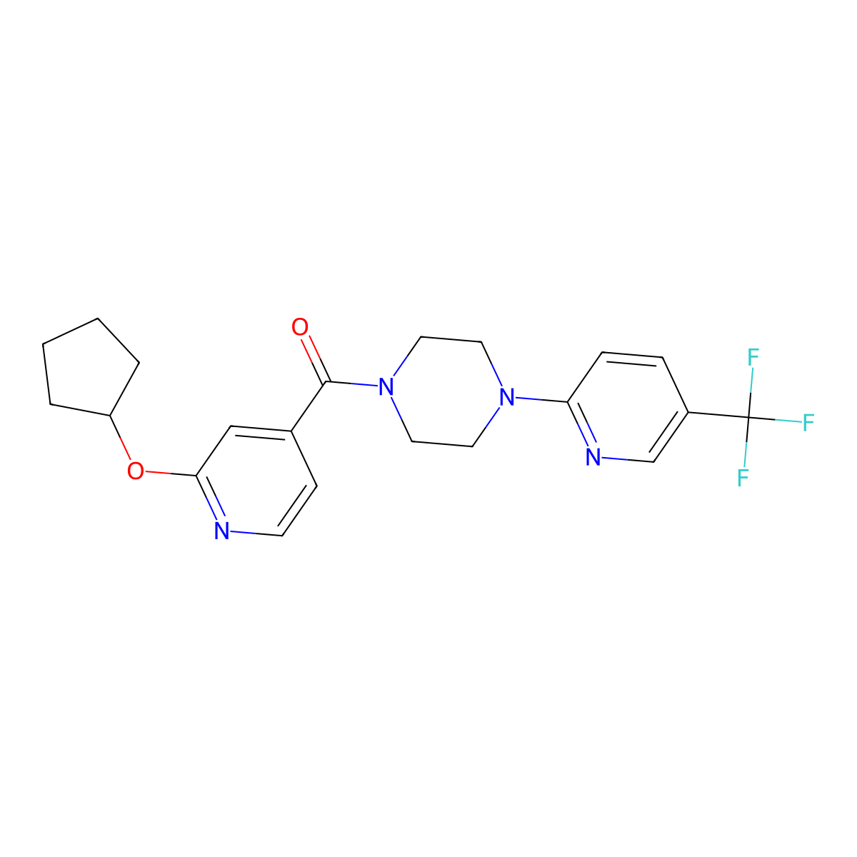 (2-(Cyclopentyloxy)pyridin-4-yl)(4-(5-(trifluoromethyl)pyridin-2-yl)piperazin-1-yl)methanone molecular structure, CAS 2034392-98-6