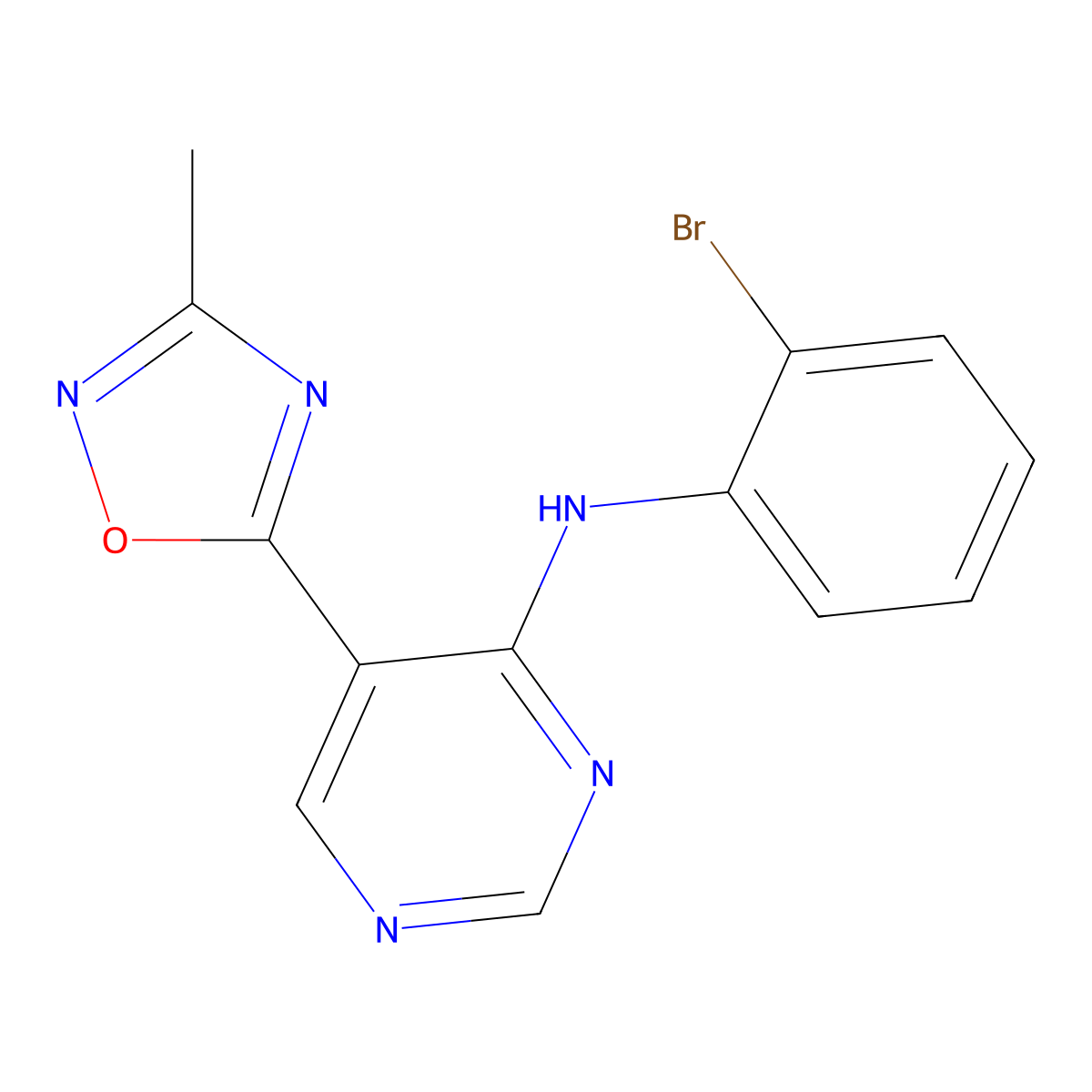 N-(2-bromophenyl)-5-(3-methyl-1,2,4-oxadiazol-5-yl)pyrimidin-4-amine molecular structure, CAS 2034393-19-4