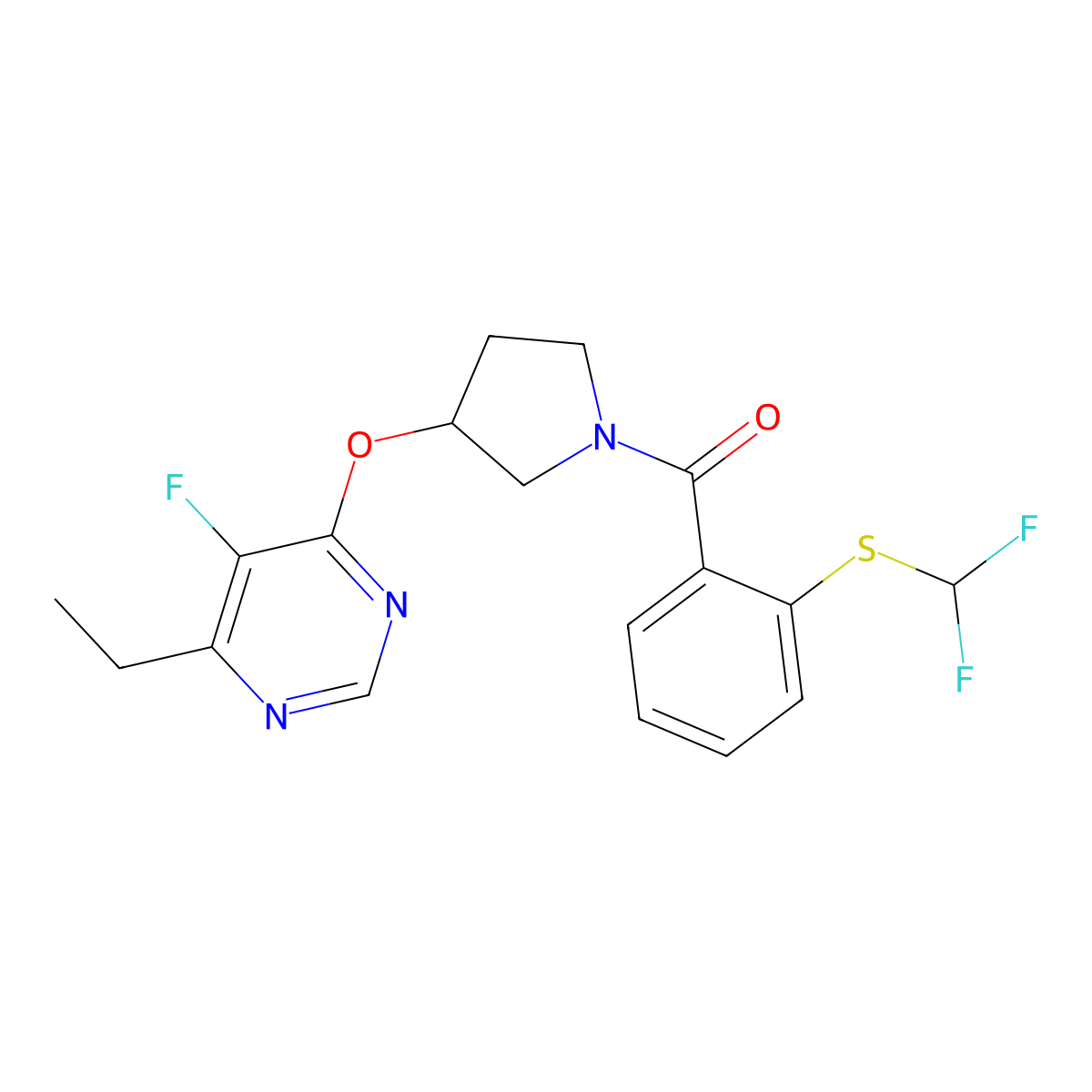 (2-((Difluoromethyl)thio)phenyl)(3-((6-ethyl-5-fluoropyrimidin-4-yl)oxy)pyrrolidin-1-yl)methanone molecular structure, CAS 2034393-32-1