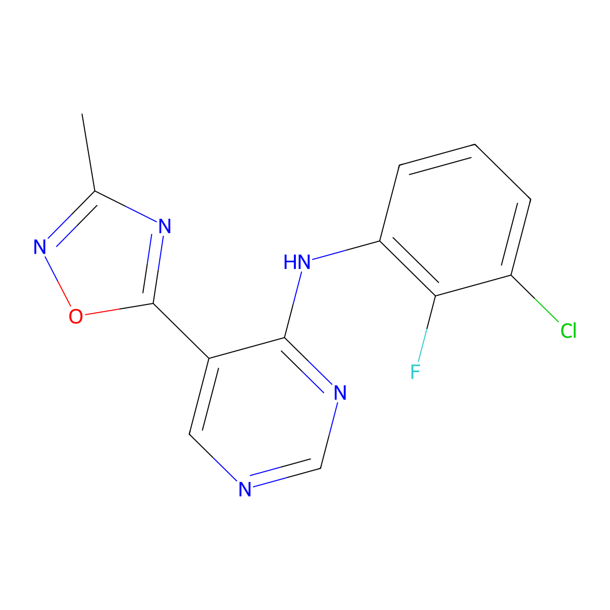 N-(3-chloro-2-fluorophenyl)-5-(3-methyl-1,2,4-oxadiazol-5-yl)pyrimidin-4-amine molecular structure, CAS 2034393-39-8