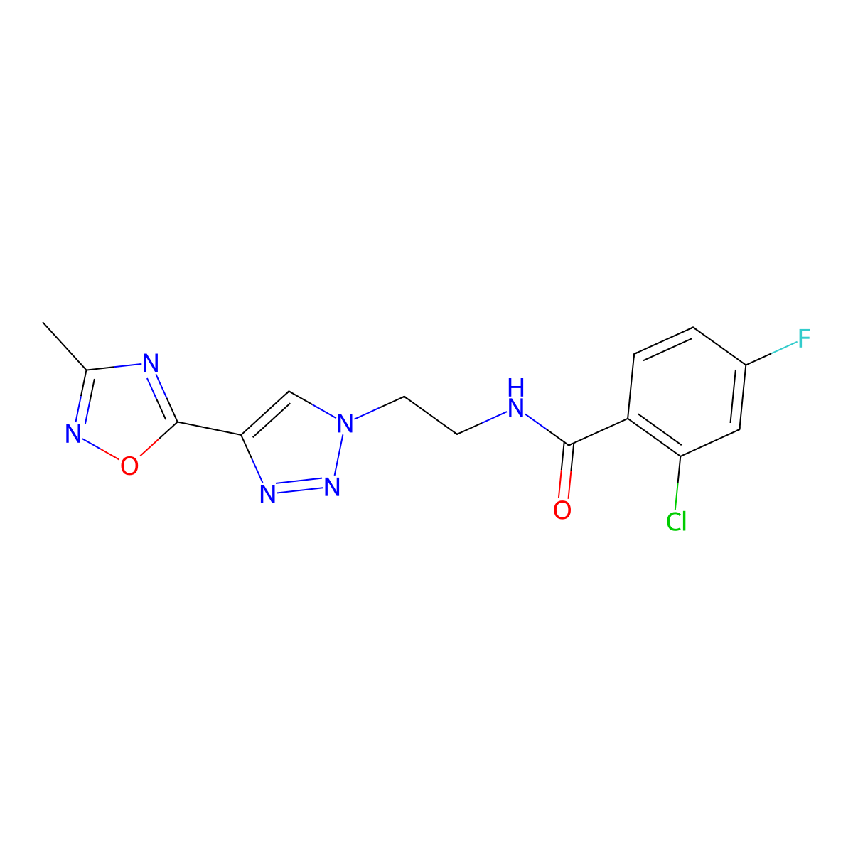 2-chloro-4-fluoro-N-(2-(4-(3-methyl-1,2,4-oxadiazol-5-yl)-1H-1,2,3-triazol-1-yl)ethyl)benzamide molecular structure, CAS 2034393-42-3