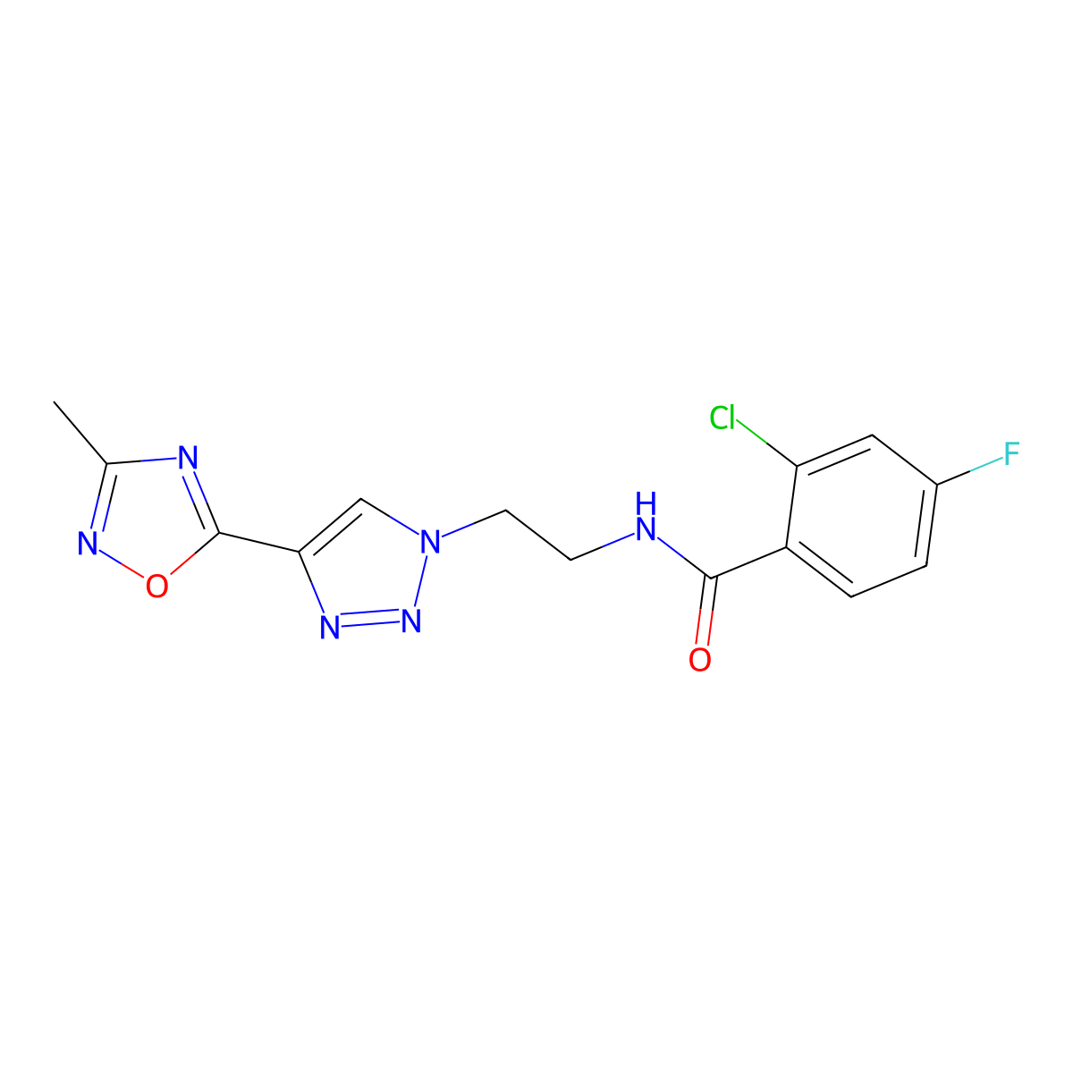2-chloro-4-fluoro-N-(2-(4-(3-methyl-1,2,4-oxadiazol-5-yl)-1H-1,2,3-triazol-1-yl)ethyl)benzamide molecular structure, CAS 2034393-42-3