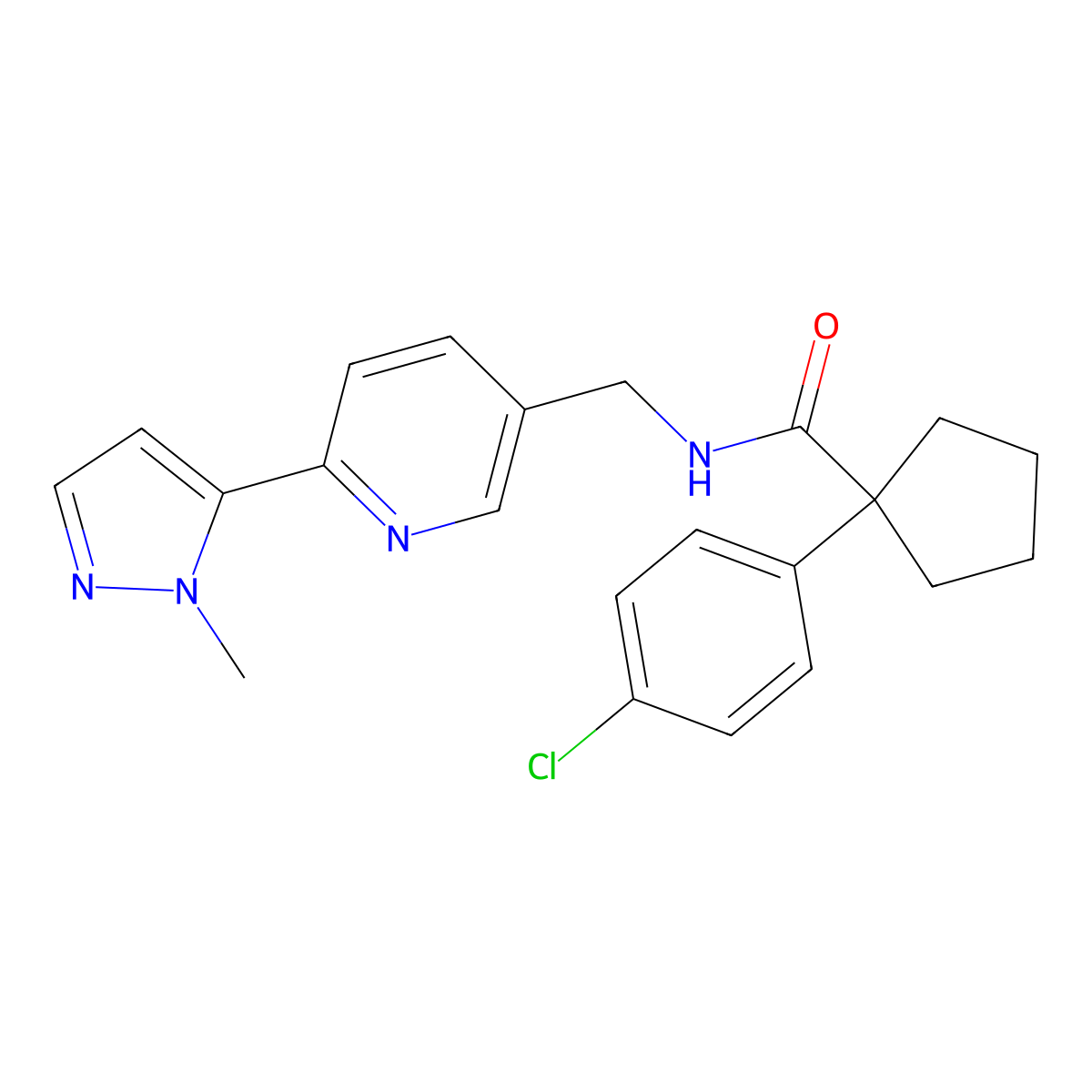 1-(4-chlorophenyl)-N-((6-(1-methyl-1H-pyrazol-5-yl)pyridin-3-yl)methyl)cyclopentanecarboxamide molecular structure, CAS 2034393-44-5