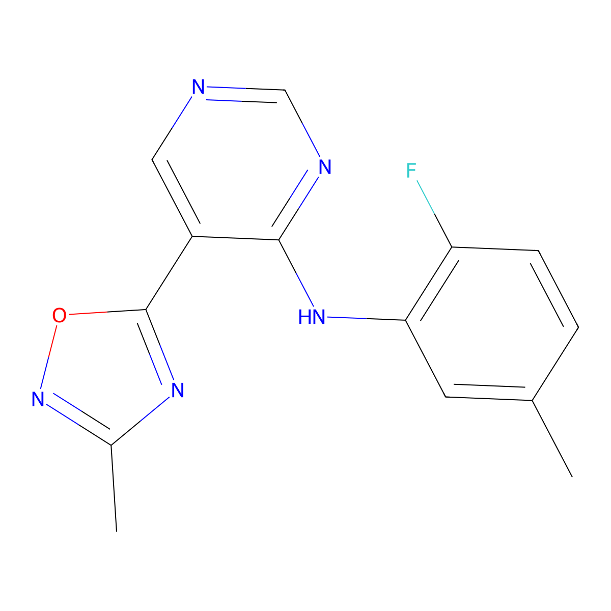 N-(2-fluoro-5-methylphenyl)-5-(3-methyl-1,2,4-oxadiazol-5-yl)pyrimidin-4-amine molecular structure, CAS 2034393-46-7