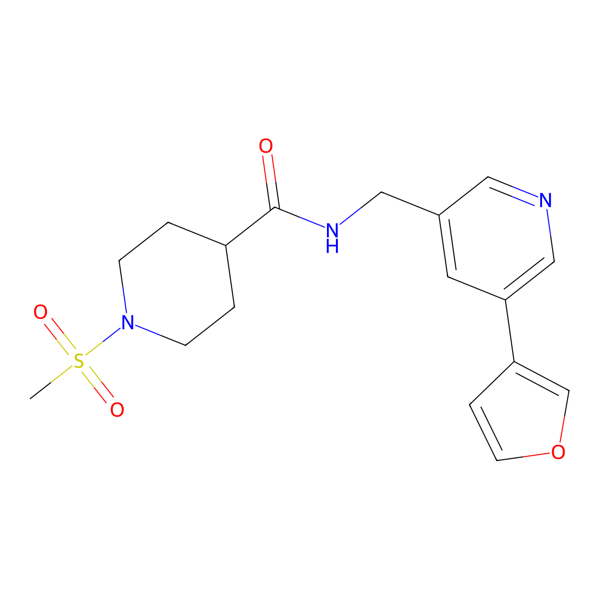 N-((5-(furan-3-yl)pyridin-3-yl)methyl)-1-(methylsulfonyl)piperidine-4-carboxamide molecular structure, CAS 2034393-56-9