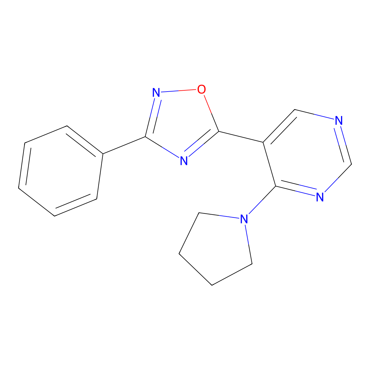 3-Phenyl-5-(4-(pyrrolidin-1-yl)pyrimidin-5-yl)-1,2,4-oxadiazole molecular structure, CAS 2034393-67-2