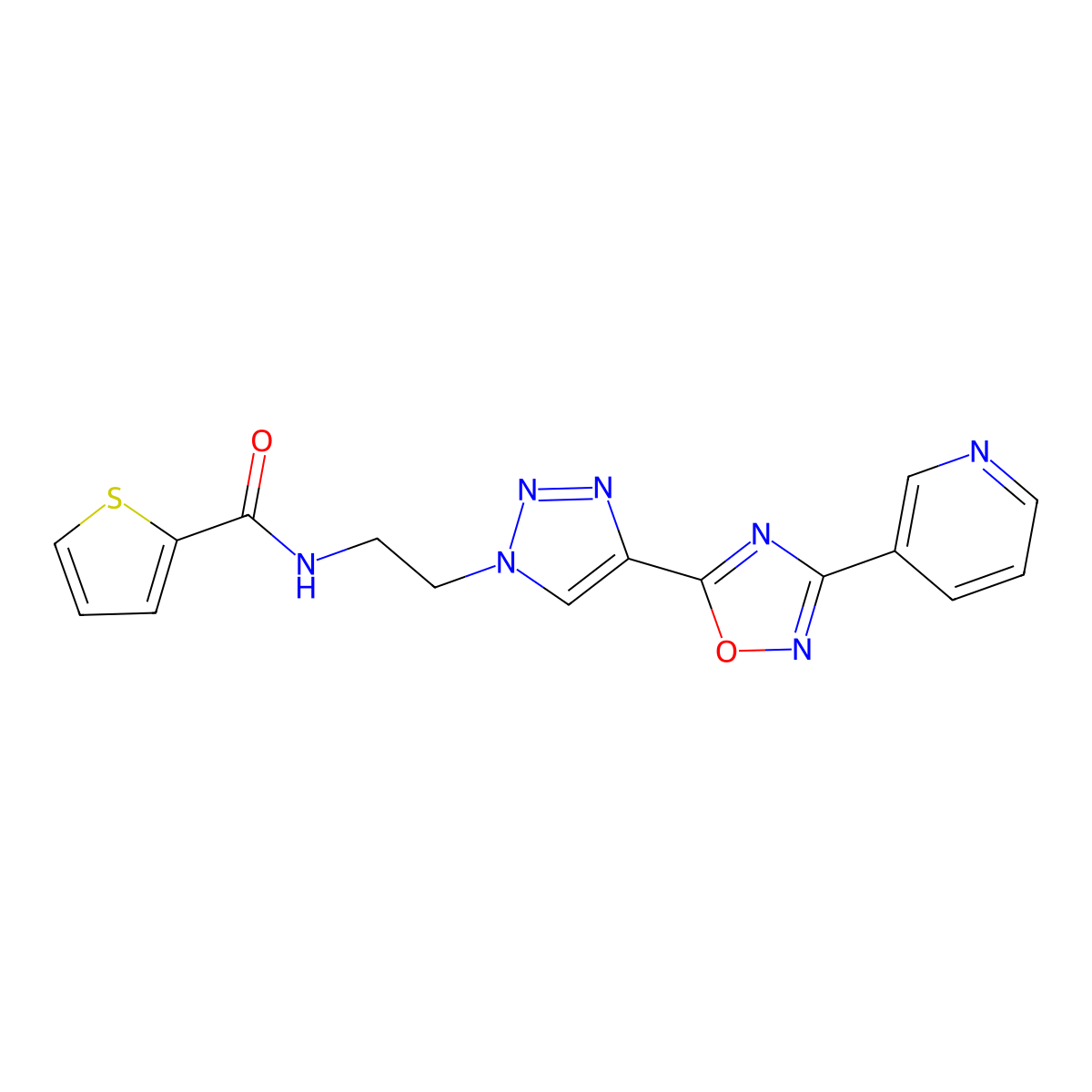 N-(2-{4-[3-(pyridin-3-yl)-1,2,4-oxadiazol-5-yl]-1H-1,2,3-triazol-1-yl}ethyl)thiophene-2-carboxamide molecular structure, CAS 2034393-69-4