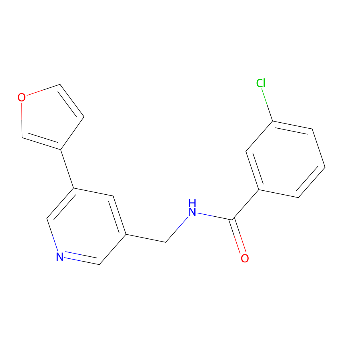 3-chloro-N-((5-(furan-3-yl)pyridin-3-yl)methyl)benzamide molecular structure, CAS 2034393-73-0