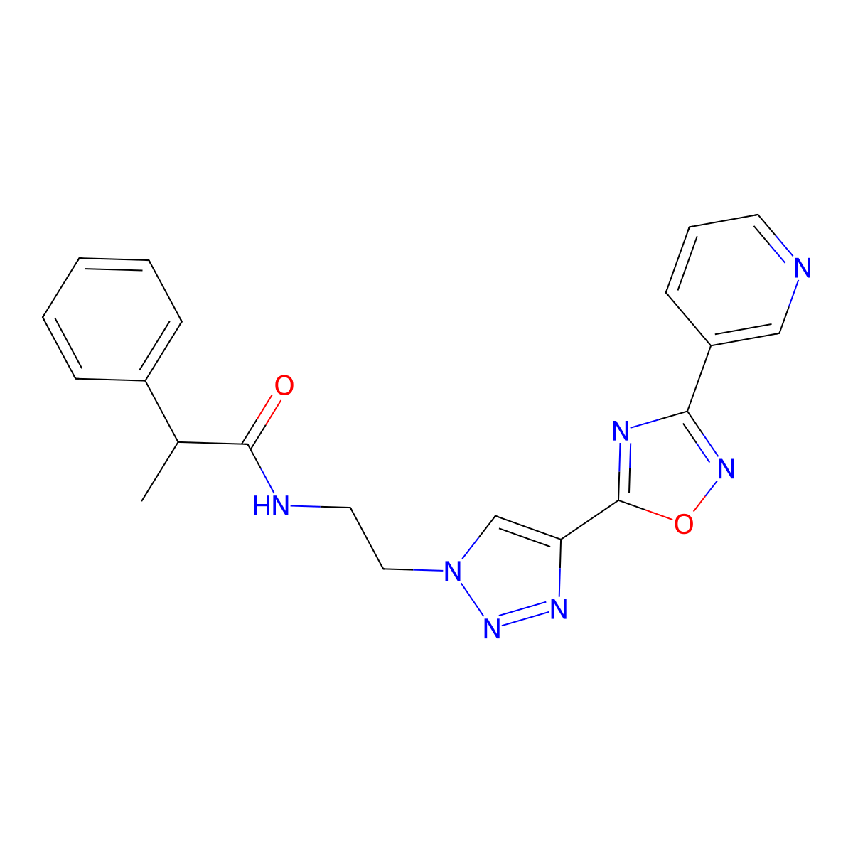 2-phenyl-N-(2-(4-(3-(pyridin-3-yl)-1,2,4-oxadiazol-5-yl)-1H-1,2,3-triazol-1-yl)ethyl)propanamide molecular structure, CAS 2034393-82-1