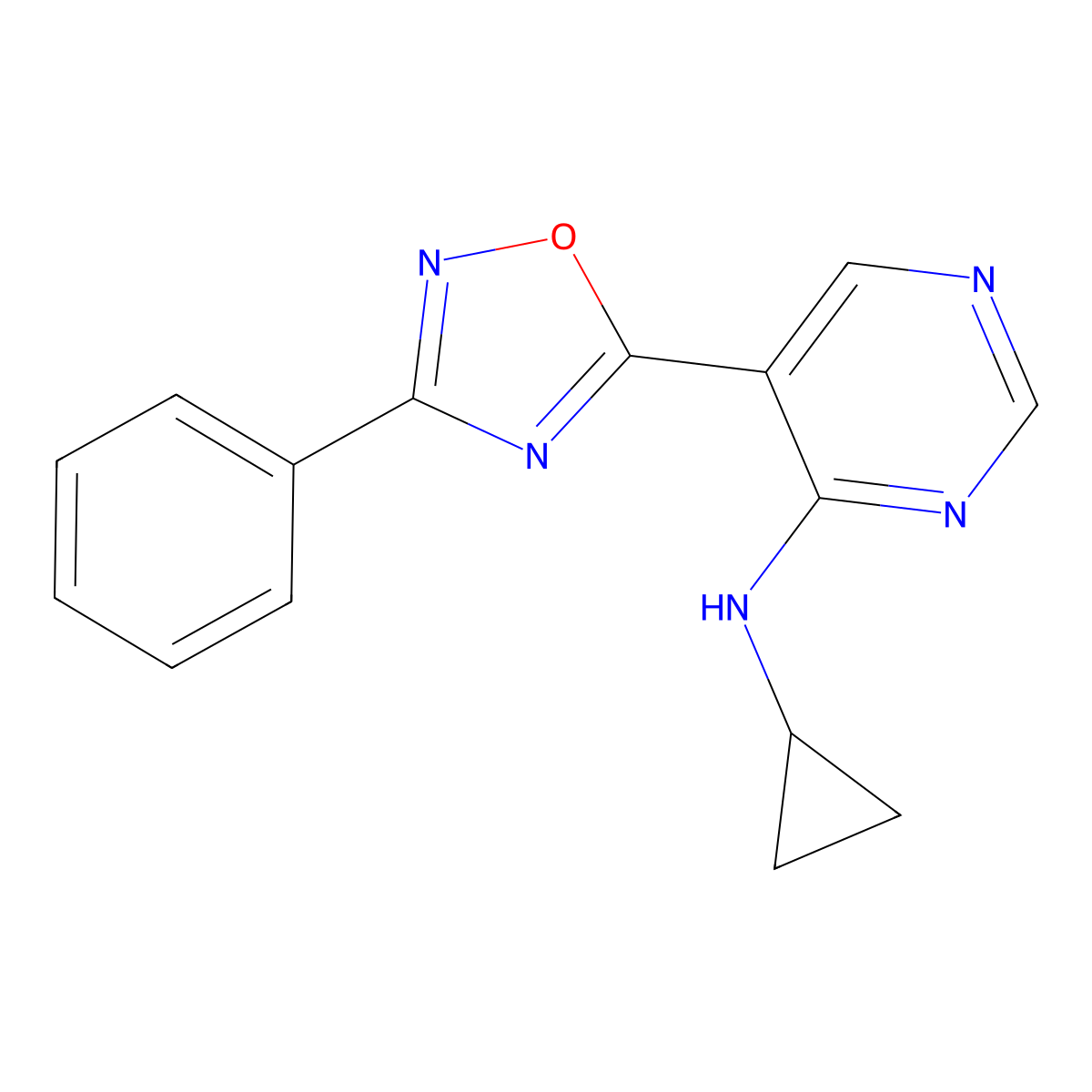 N-cyclopropyl-5-(3-phenyl-1,2,4-oxadiazol-5-yl)pyrimidin-4-amine molecular structure, CAS 2034393-84-3