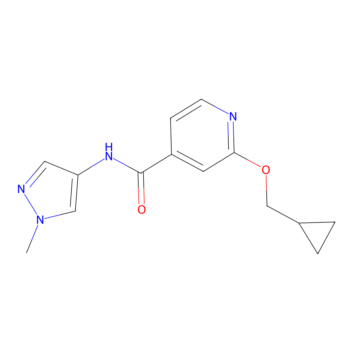 2-(cyclopropylmethoxy)-N-(1-methyl-1H-pyrazol-4-yl)isonicotinamide molecular structure, CAS 2034393-90-1