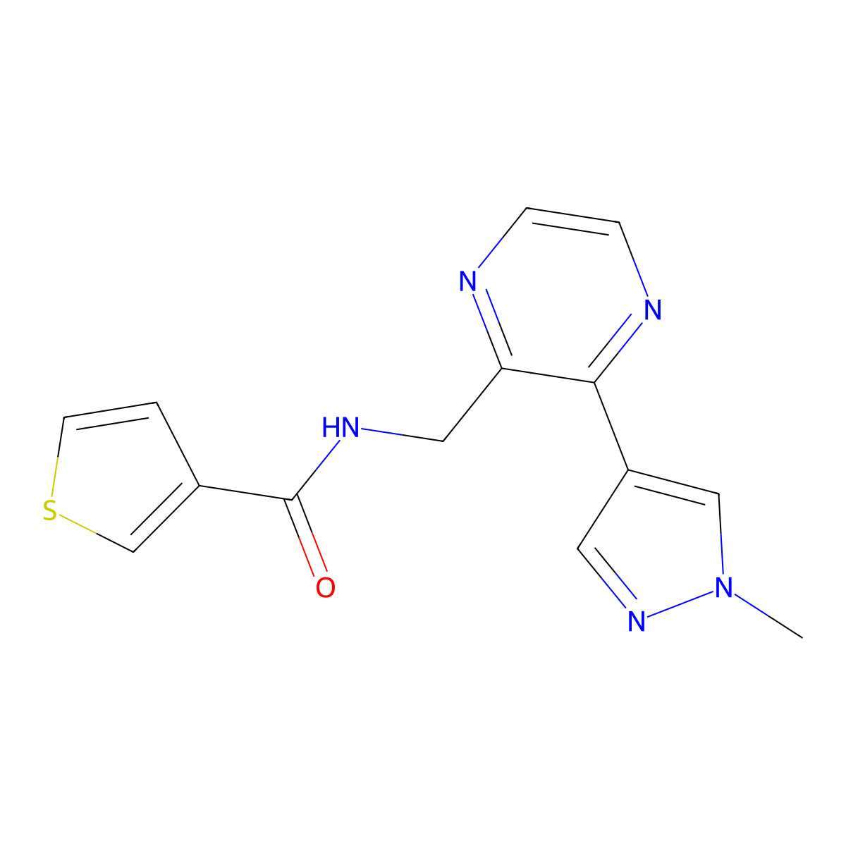 N-{[3-(1-methyl-1H-pyrazol-4-yl)pyrazin-2-yl]methyl}thiophene-3-carboxamide molecular structure, CAS 2034393-93-4