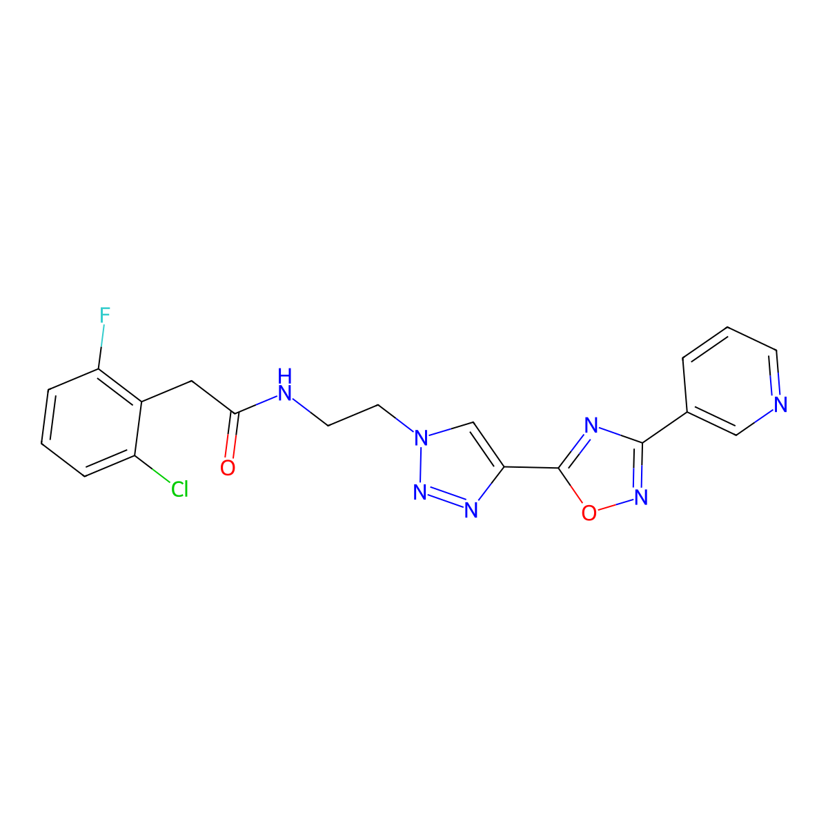 2-(2-chloro-6-fluorophenyl)-N-(2-(4-(3-(pyridin-3-yl)-1,2,4-oxadiazol-5-yl)-1H-1,2,3-triazol-1-yl)ethyl)acetamide molecular structure, CAS 2034393-94-5