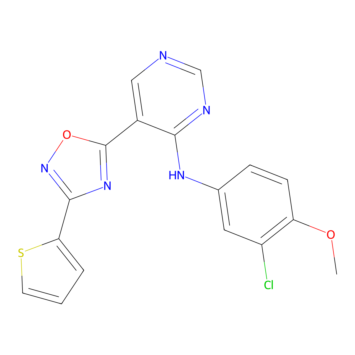 N-(3-chloro-4-methoxyphenyl)-5-(3-(thiophen-2-yl)-1,2,4-oxadiazol-5-yl)pyrimidin-4-amine molecular structure, CAS 2034393-95-6