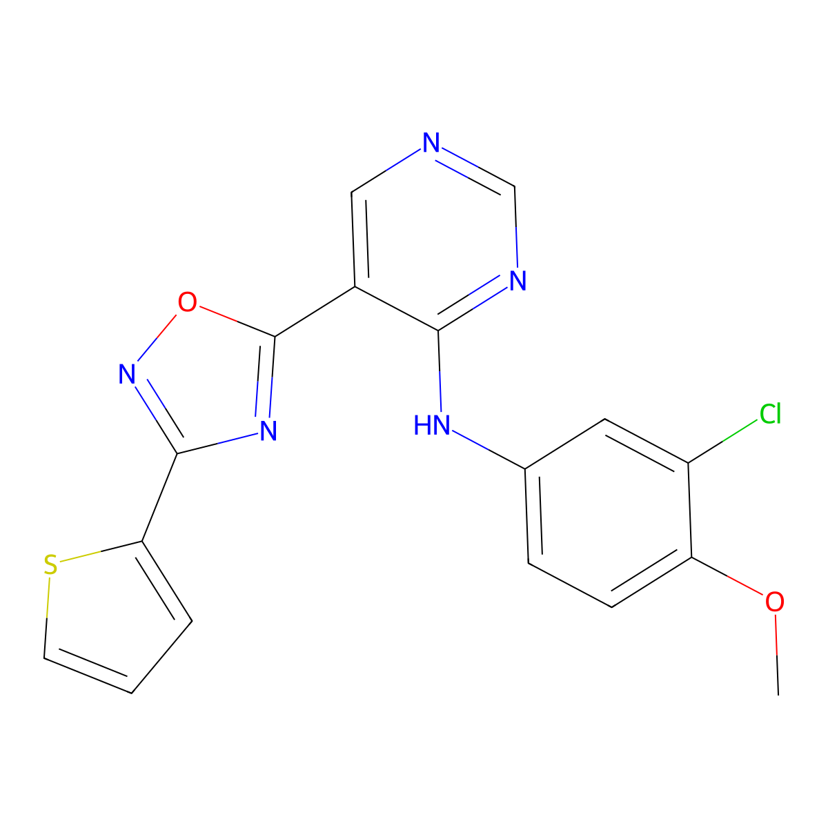 N-(3-chloro-4-methoxyphenyl)-5-(3-(thiophen-2-yl)-1,2,4-oxadiazol-5-yl)pyrimidin-4-amine molecular structure, CAS 2034393-95-6
