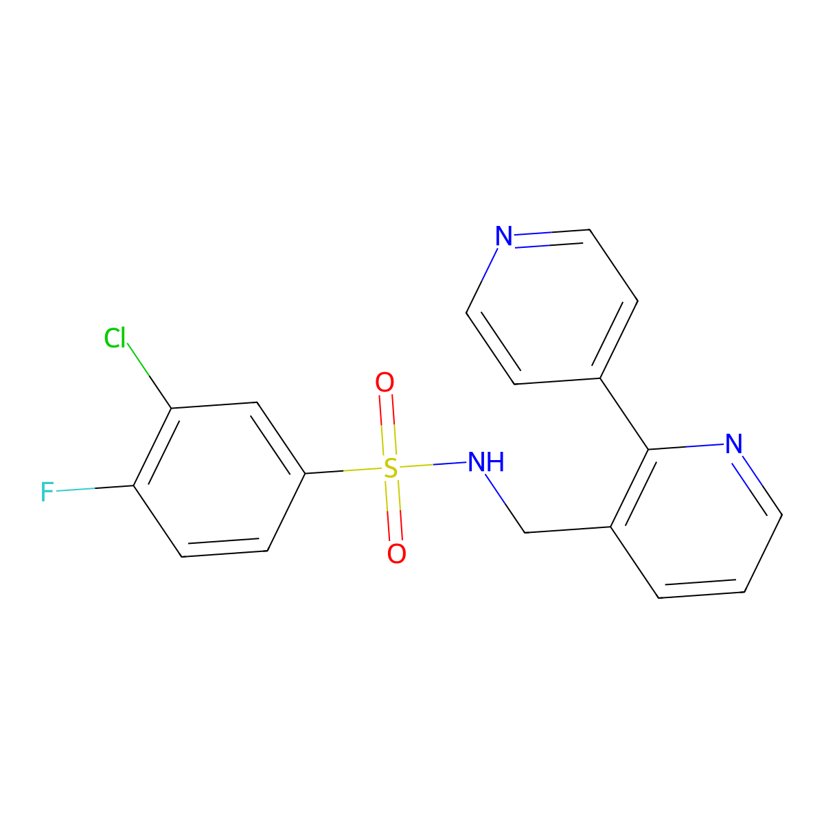 N-([2,4'-bipyridin]-3-ylmethyl)-3-chloro-4-fluorobenzenesulfonamide molecular structure, CAS 2034393-99-0