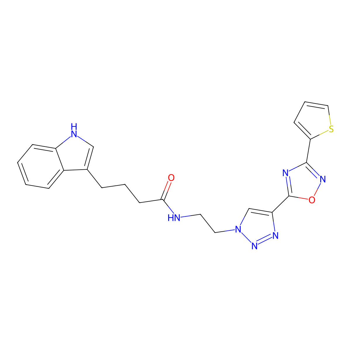 4-(1H-indol-3-yl)-N-(2-(4-(3-(thiophen-2-yl)-1,2,4-oxadiazol-5-yl)-1H-1,2,3-triazol-1-yl)ethyl)butanamide molecular structure, CAS 2034394-00-6