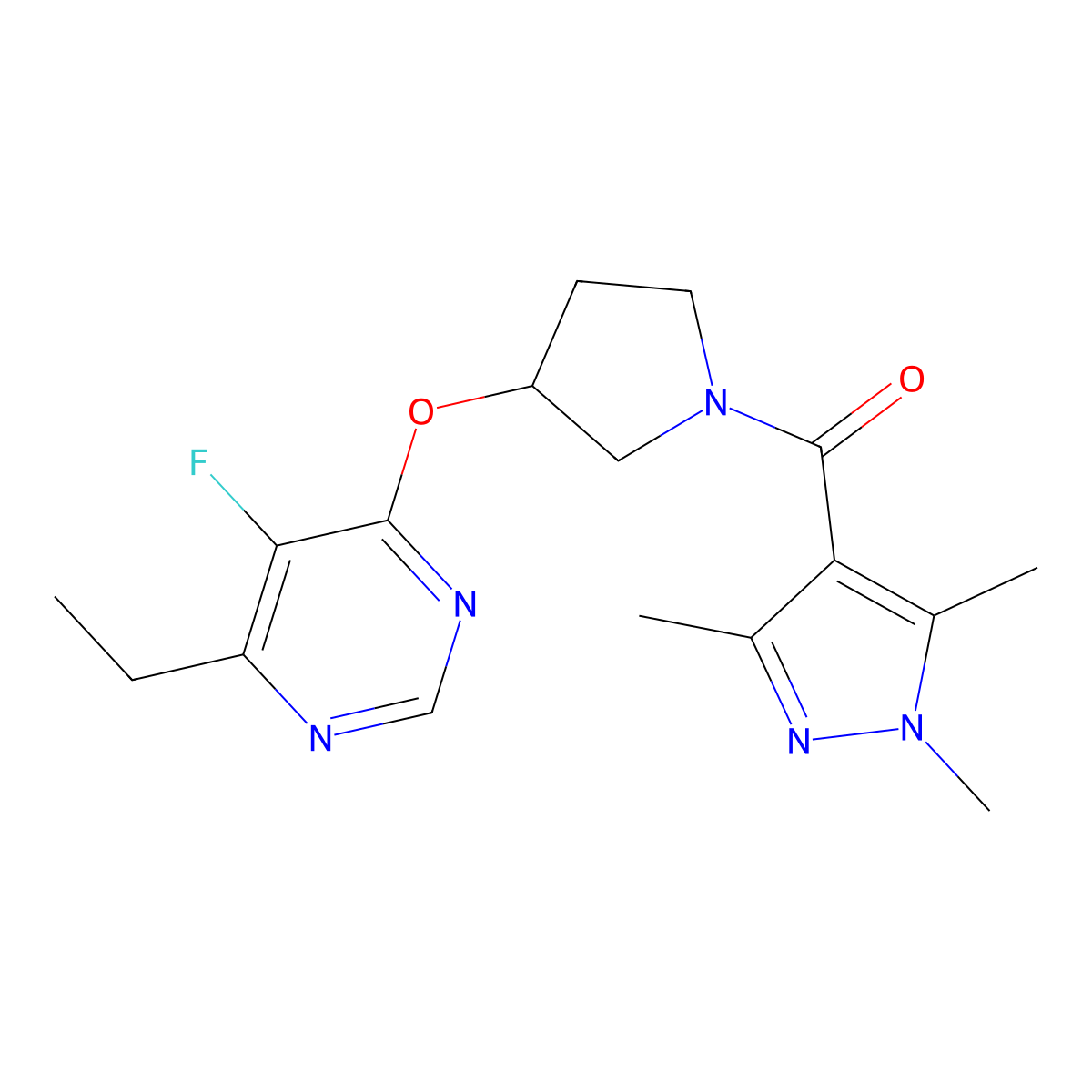 (3-((6-ethyl-5-fluoropyrimidin-4-yl)oxy)pyrrolidin-1-yl)(1,3,5-trimethyl-1H-pyrazol-4-yl)methanone molecular structure, CAS 2034394-01-7
