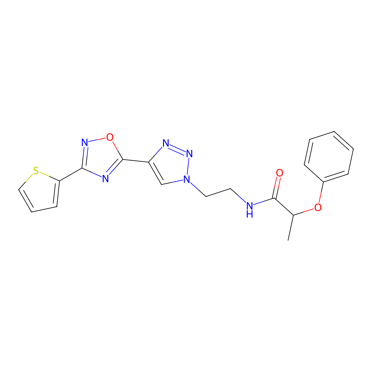 2-phenoxy-N-(2-(4-(3-(thiophen-2-yl)-1,2,4-oxadiazol-5-yl)-1H-1,2,3-triazol-1-yl)ethyl)propanamide molecular structure, CAS 2034394-06-2