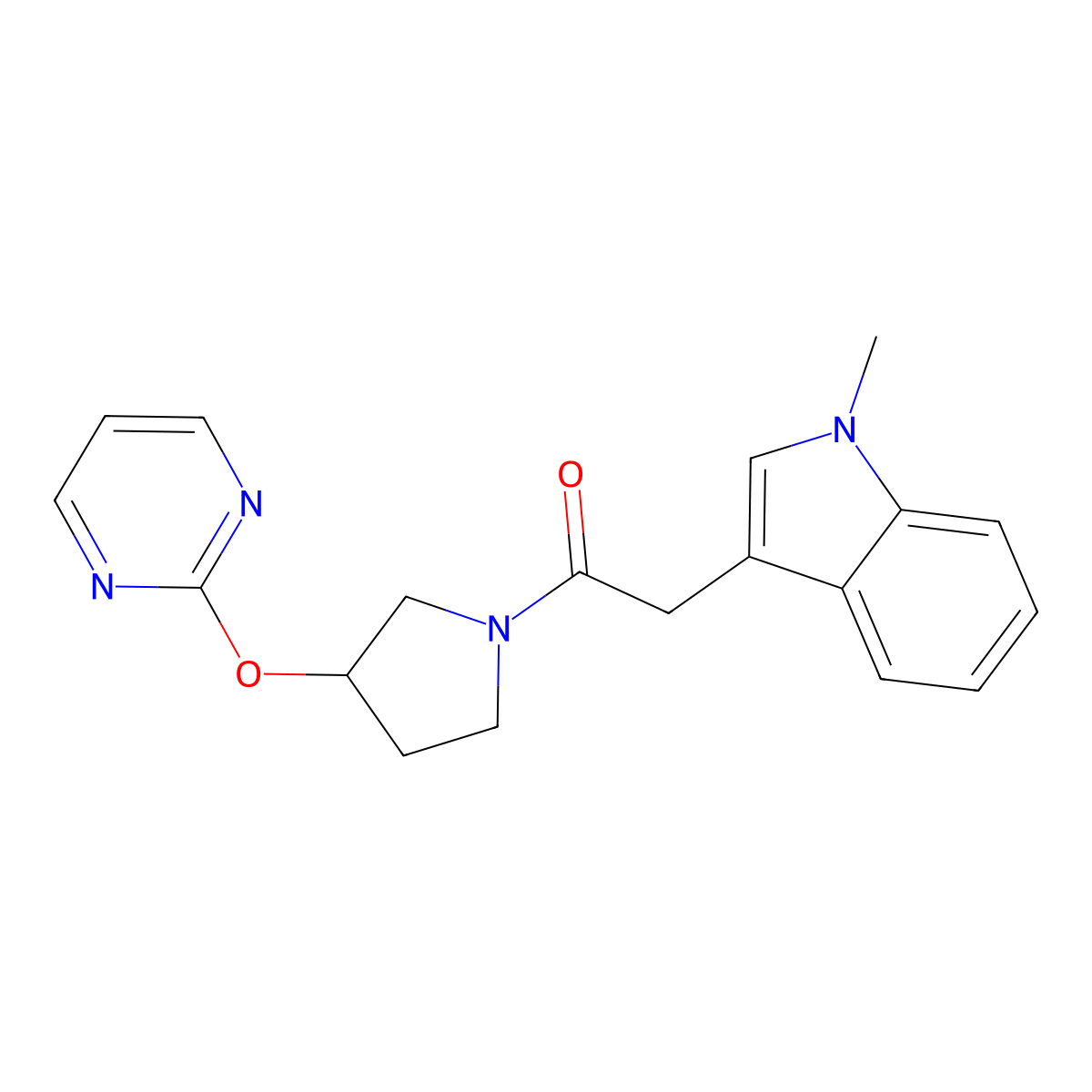 2-(1-methyl-1H-indol-3-yl)-1-(3-(pyrimidin-2-yloxy)pyrrolidin-1-yl)ethanone molecular structure, CAS 2034394-15-3