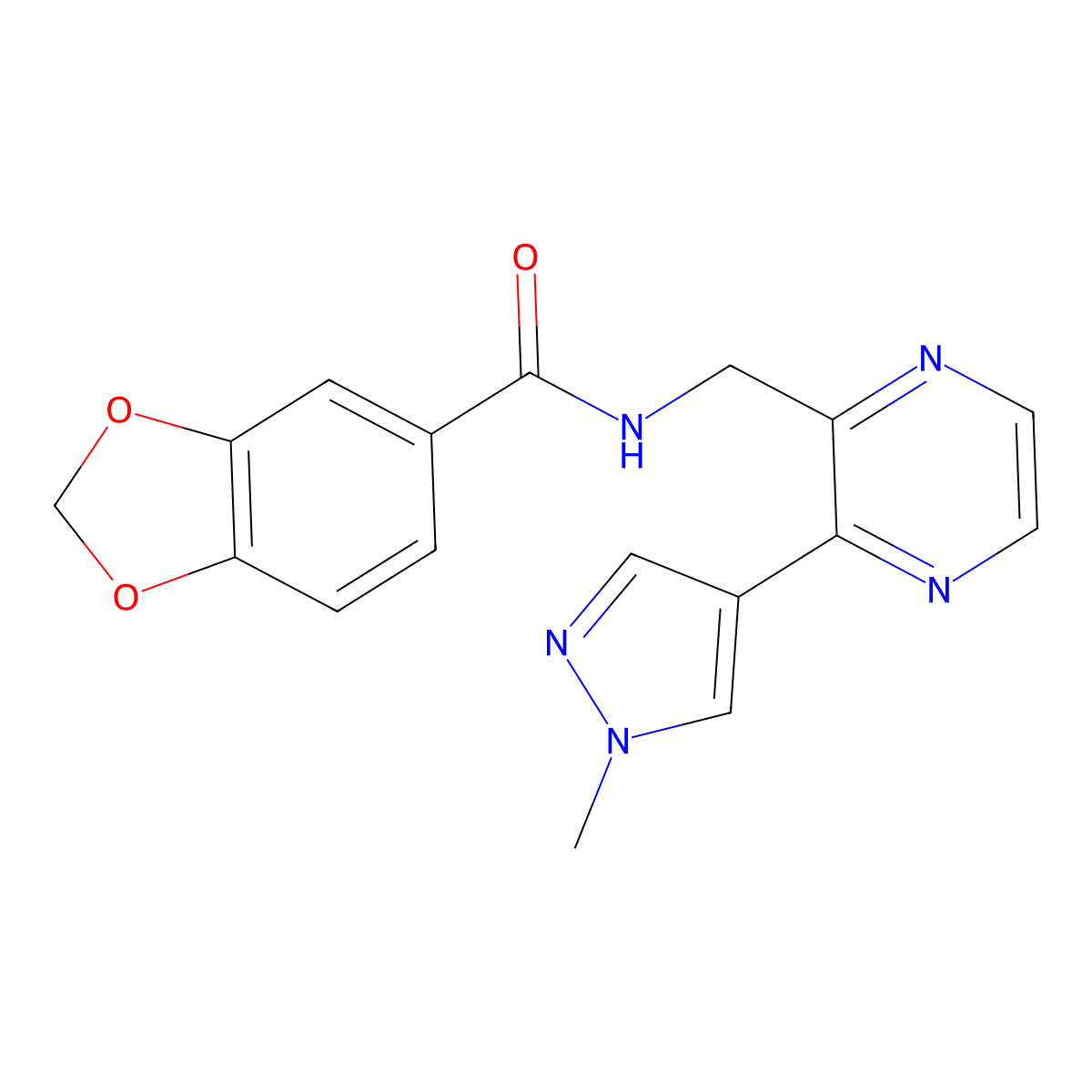 N-((3-(1-methyl-1H-pyrazol-4-yl)pyrazin-2-yl)methyl)benzo[d][1,3]dioxole-5-carboxamide molecular structure, CAS 2034394-20-0