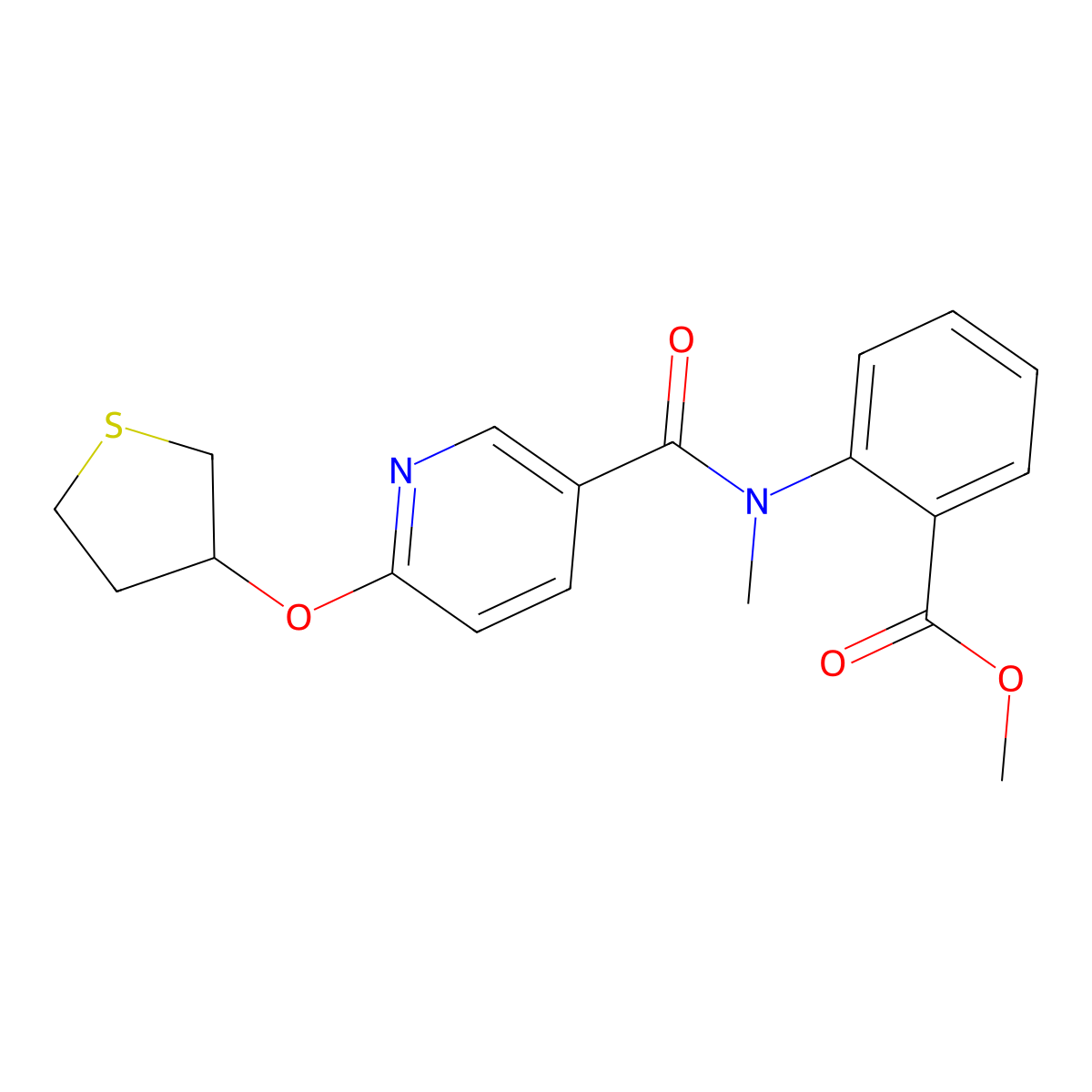 methyl 2-(N-methyl-6-((tetrahydrothiophen-3-yl)oxy)nicotinamido)benzoate molecular structure, CAS 2034394-29-9