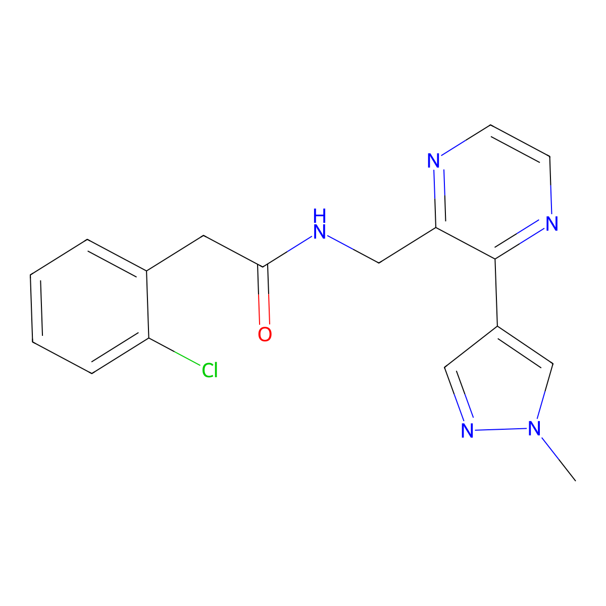 2-(2-chlorophenyl)-N-((3-(1-methyl-1H-pyrazol-4-yl)pyrazin-2-yl)methyl)acetamide molecular structure, CAS 2034394-33-5