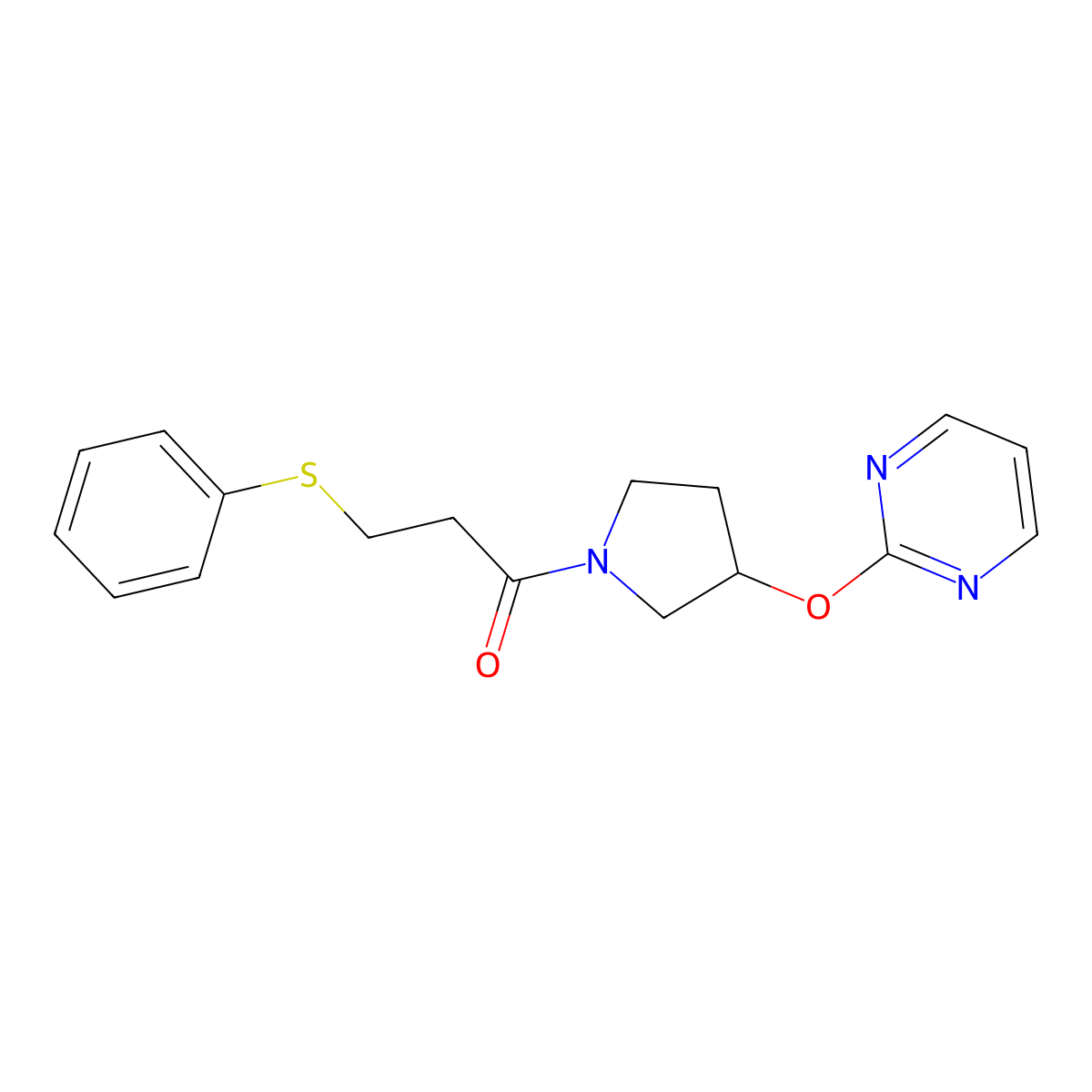 3-(Phenylthio)-1-(3-(pyrimidin-2-yloxy)pyrrolidin-1-yl)propan-1-one molecular structure, CAS 2034394-38-0