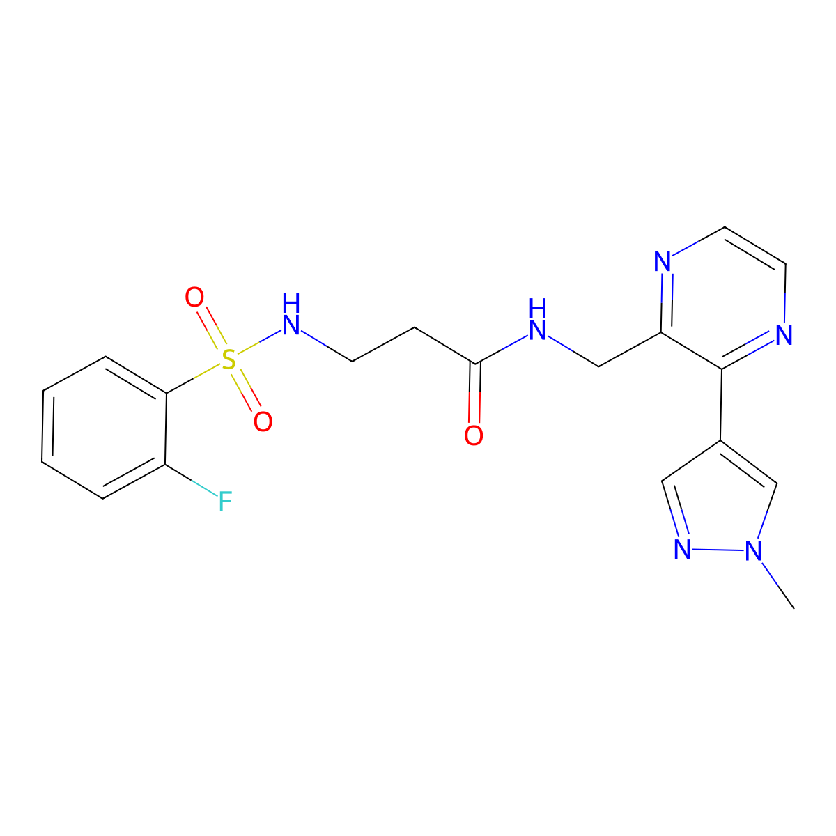3-(2-fluorobenzenesulfonamido)-N-{[3-(1-methyl-1H-pyrazol-4-yl)pyrazin-2-yl]methyl}propanamide molecular structure, CAS 2034394-69-7