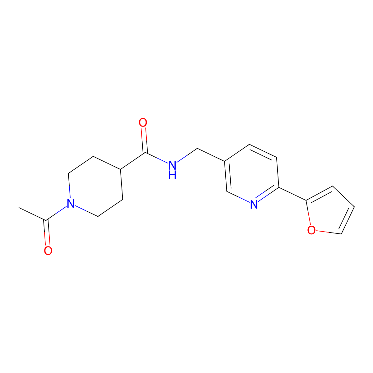 1-acetyl-N-{[6-(furan-2-yl)pyridin-3-yl]methyl}piperidine-4-carboxamide molecular structure, CAS 2034394-72-2