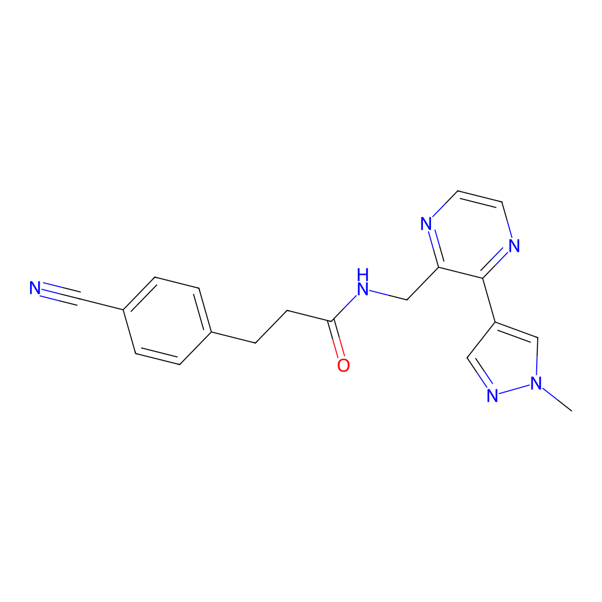 3-(4-cyanophenyl)-N-((3-(1-methyl-1H-pyrazol-4-yl)pyrazin-2-yl)methyl)propanamide molecular structure, CAS 2034394-78-8