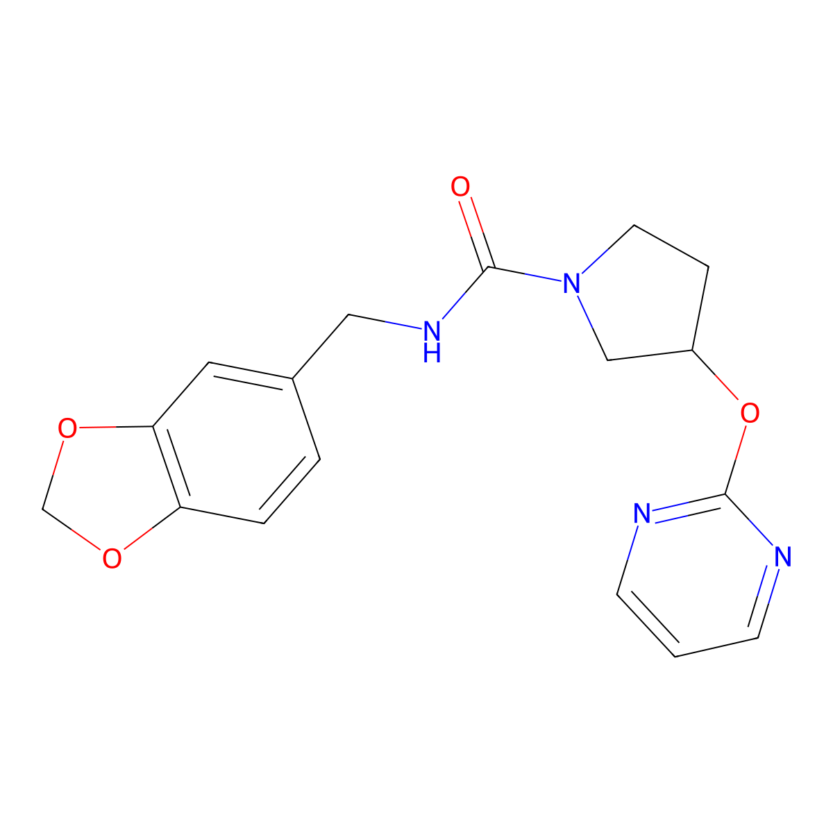 N-(benzo[d][1,3]dioxol-5-ylmethyl)-3-(pyrimidin-2-yloxy)pyrrolidine-1-carboxamide molecular structure, CAS 2034394-85-7