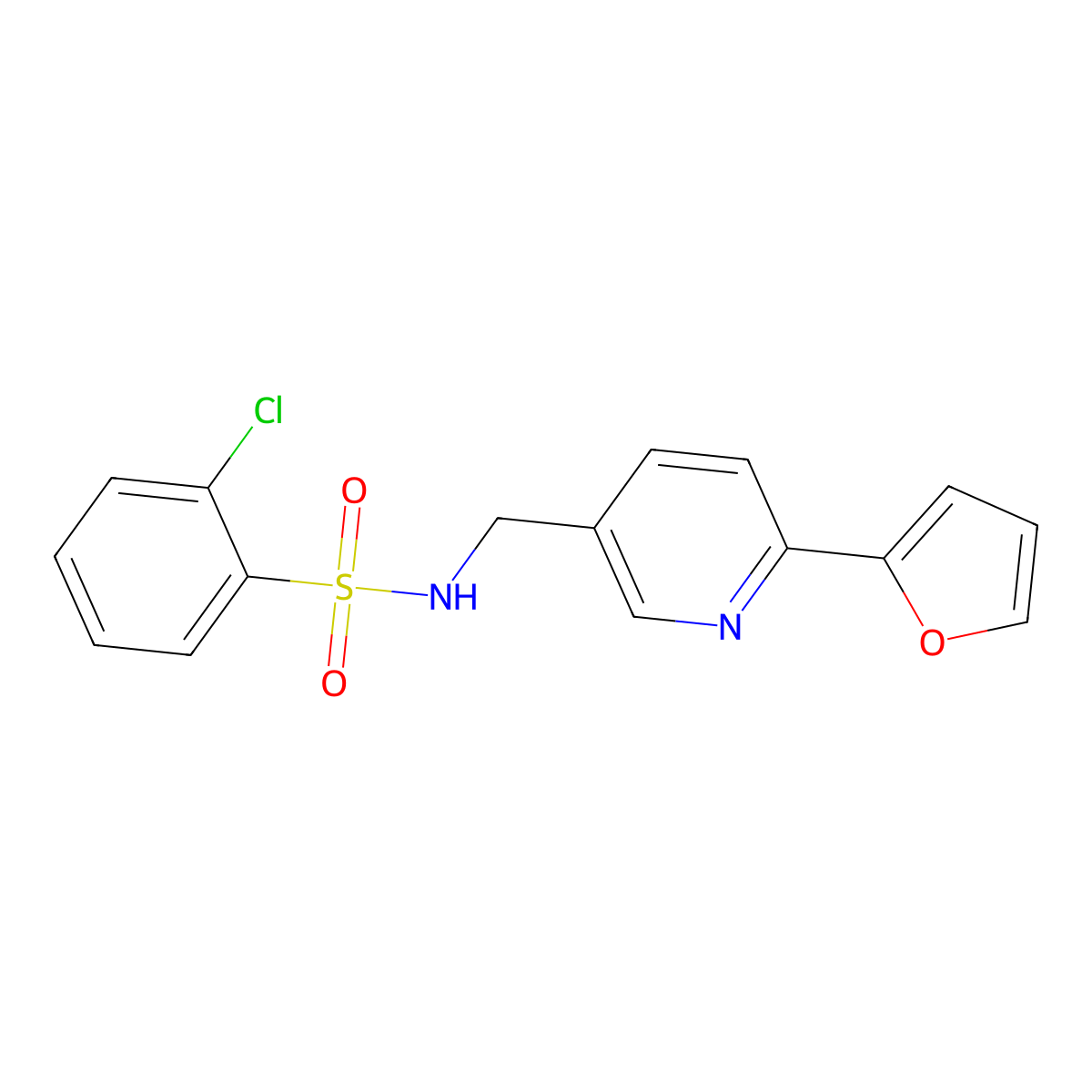 2-chloro-N-((6-(furan-2-yl)pyridin-3-yl)methyl)benzenesulfonamide molecular structure, CAS 2034395-00-9