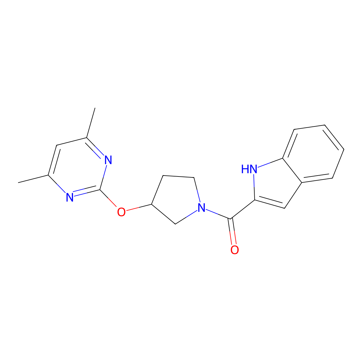 (3-((4,6-dimethylpyrimidin-2-yl)oxy)pyrrolidin-1-yl)(1H-indol-2-yl)methanone molecular structure, CAS 2034395-02-1