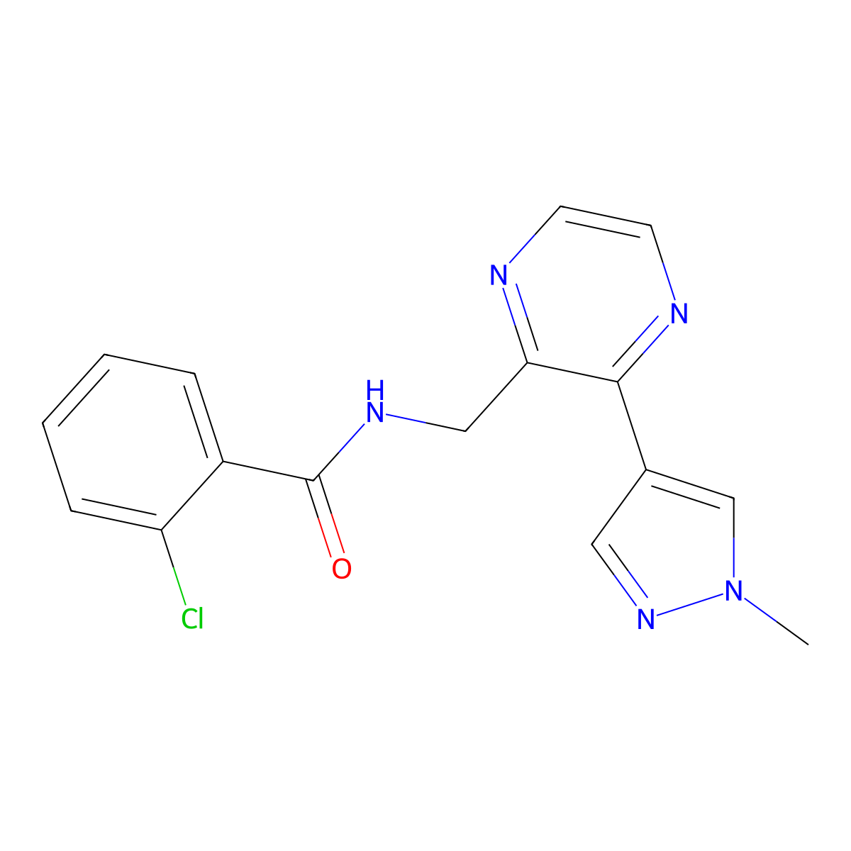 2-chloro-N-((3-(1-methyl-1H-pyrazol-4-yl)pyrazin-2-yl)methyl)benzamide molecular structure, CAS 2034395-21-4