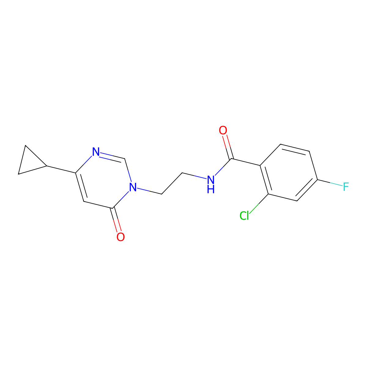 2-chloro-N-(2-(4-cyclopropyl-6-oxopyrimidin-1(6H)-yl)ethyl)-4-fluorobenzamide molecular structure, CAS 2034395-26-9